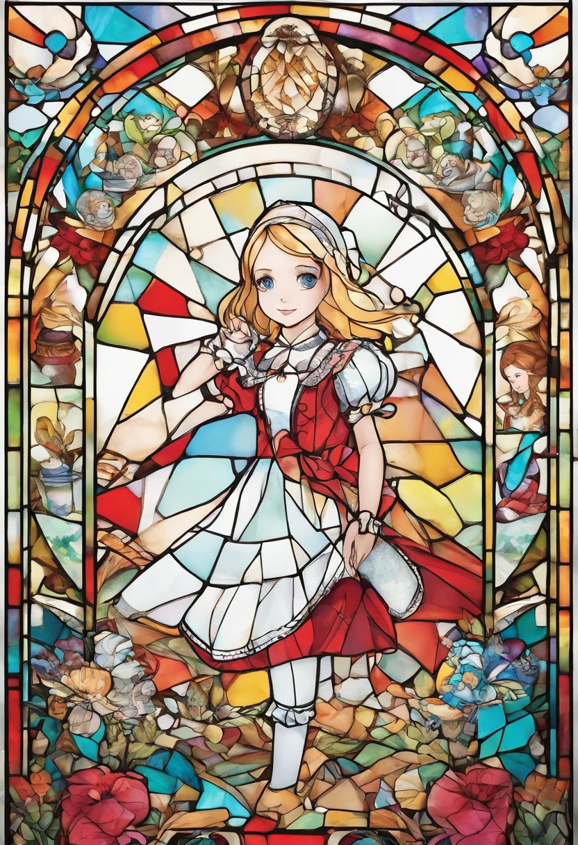 Alice in Wonderland、1little girl、Rabbit in a suit、 Sil Off from Isometric Anime,stain glass, On White Background、Geometric composition、Masterpiece、medieval times、mystical、
