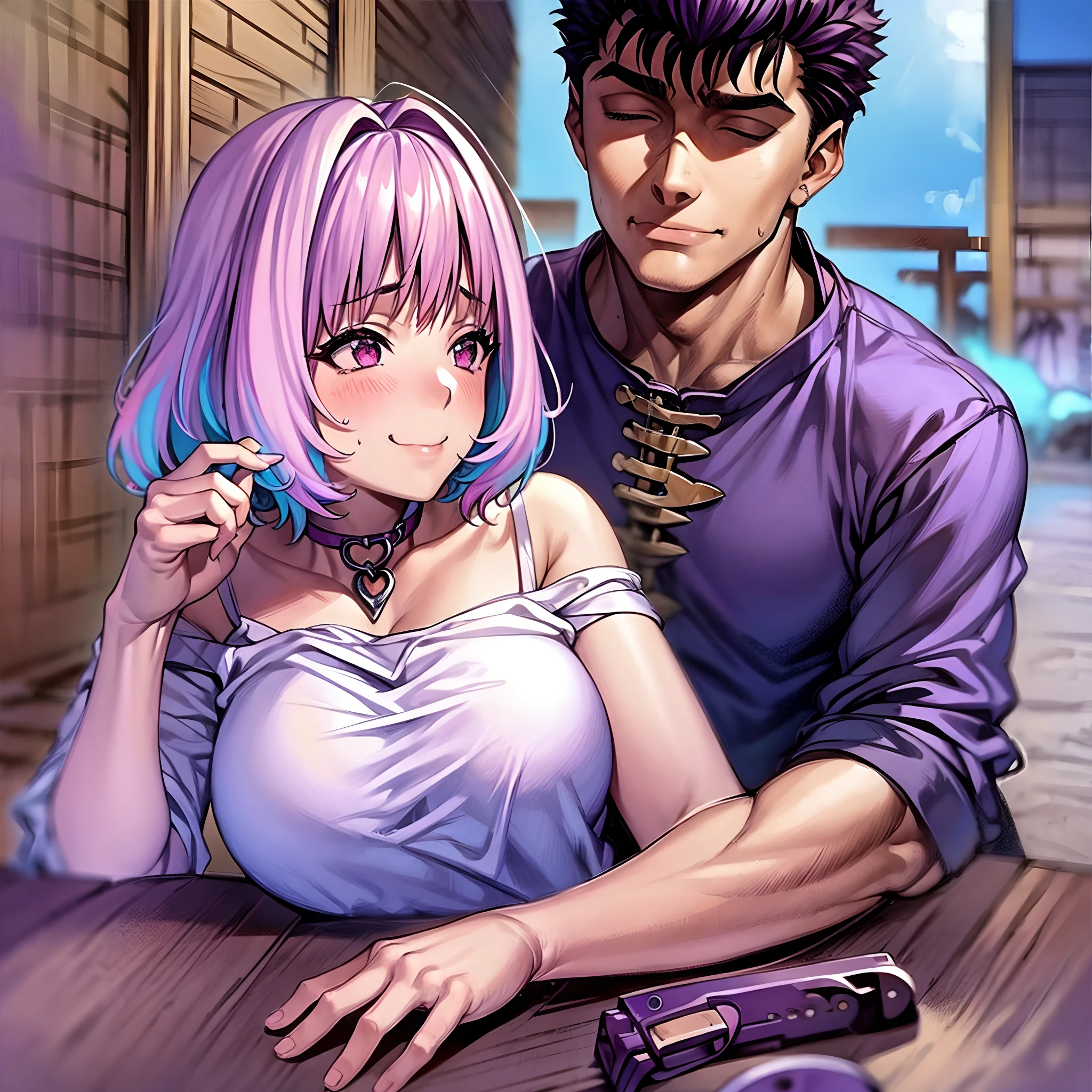 masterpiece, best quality, 1girl, riamu, blue shirt, pleated skirt, solo, simple background, riamu and guts, husband and wife, couple happy in a beach, , purple hair,1boy, in couple, affection, love,relationship, lovey dovey, happy, , smile, , eating food in a restaurant,
