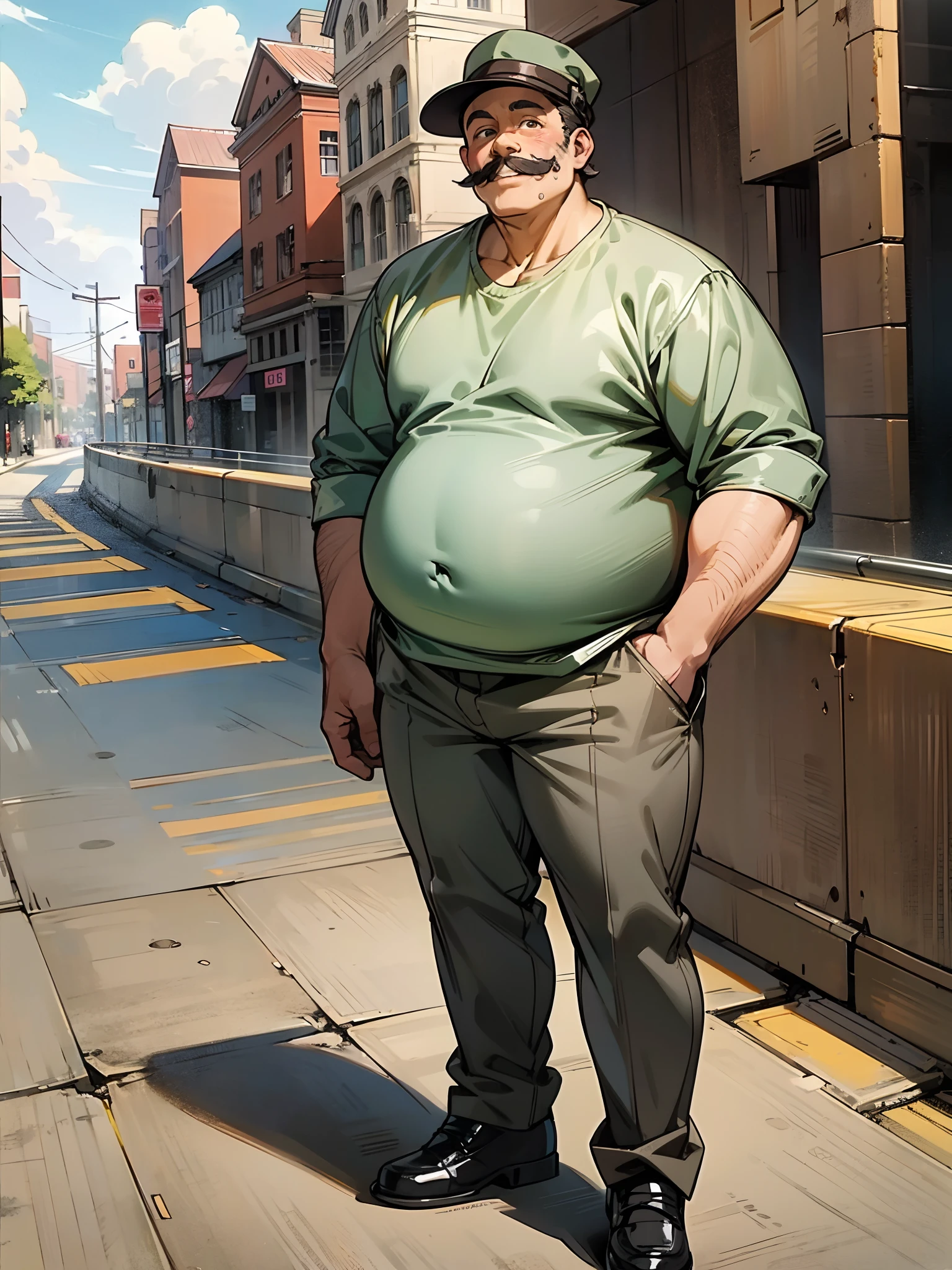 best quality, 8k, high detailed, anime style, Full body, chubby man, fifty years old, smiling face, sweet smile, paternal smile, brown and gray hat, brown moustache, gray shirt and pants, black shoes --auto --s2