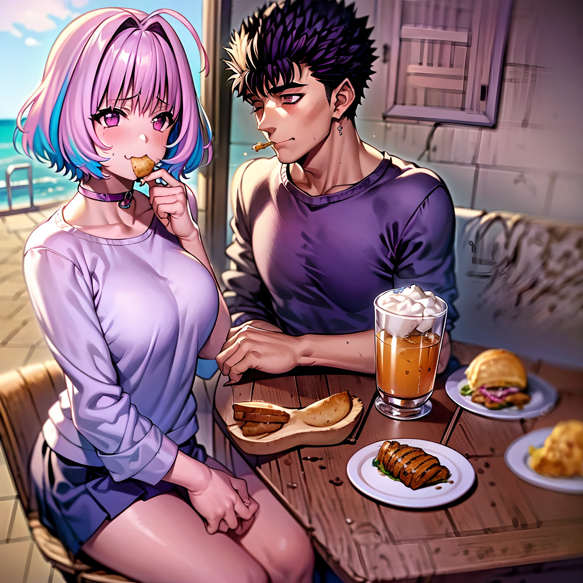 masterpiece, best quality, 1girl, riamu, blue shirt, pleated skirt, solo, simple background, riamu and guts, husband and wife, couple happy in a beach, , purple hair,1boy, in couple, affection, love,relationship, lovey dovey, happy, , , , eating food in a restaurant,