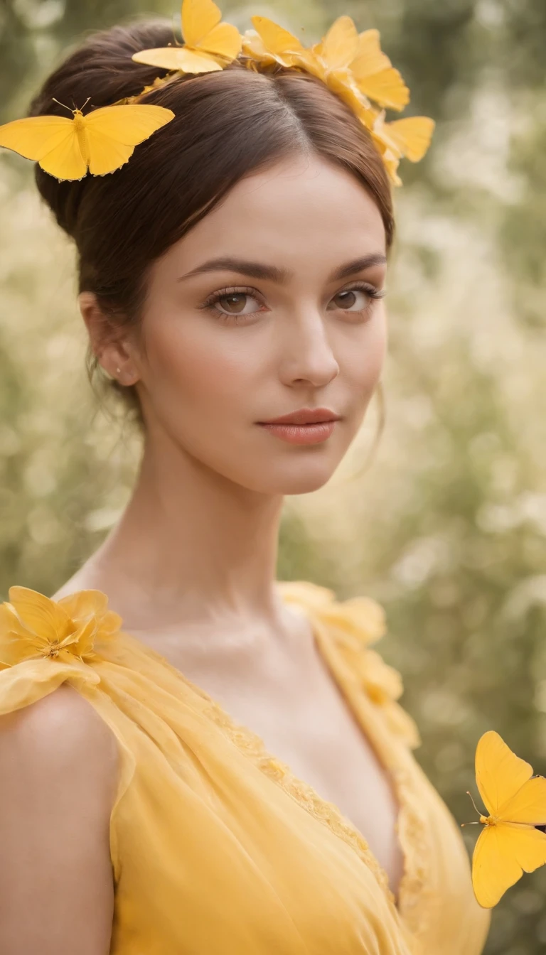 araffe woman in yellow dress, ((upper body)),a portrait inspired by national geographic, pexels contest winner, street art, yellow butterflies, butterflies, yellow clothes, butterfly, fine art fashion photography, harmony of butterfly, butterflies in the foreground, on a yellow canva,fashion photography, shades of yellow, karla ortiz,