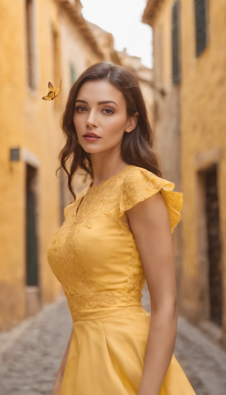 araffe woman in yellow dress, ((upper body)),a portrait inspired by national geographic, pexels contest winner, street art, yellow butterflies, butterflies, yellow clothes, butterfly, fine art fashion photography, harmony of butterfly, butterflies in the foreground, on a yellow canva,fashion photography, shades of yellow, karla ortiz,