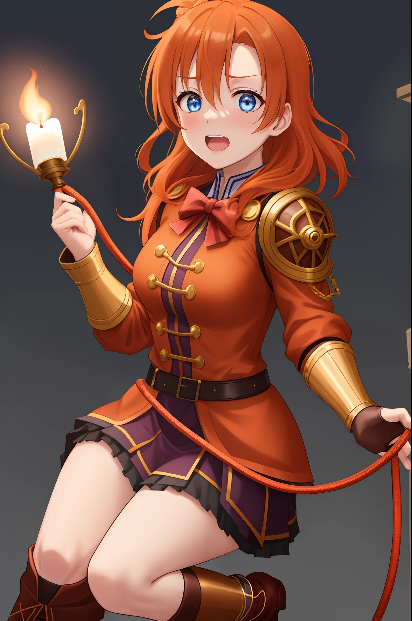 Kousaka honoka, orange hair down to her shoulders, somewhat messy ,
Blue eyes filled with resolve ,
Red headband on forehead ,
High-collared long blue coat with gold trim, buttons, and embroidery , Intricate leather armor pieces on ,
Coiled brown leather whip with metal tip ,
Knee-high brown leather boots ,
prepared stance ,
Gothic castle setting with candles and shadows ,
dramatic lighting