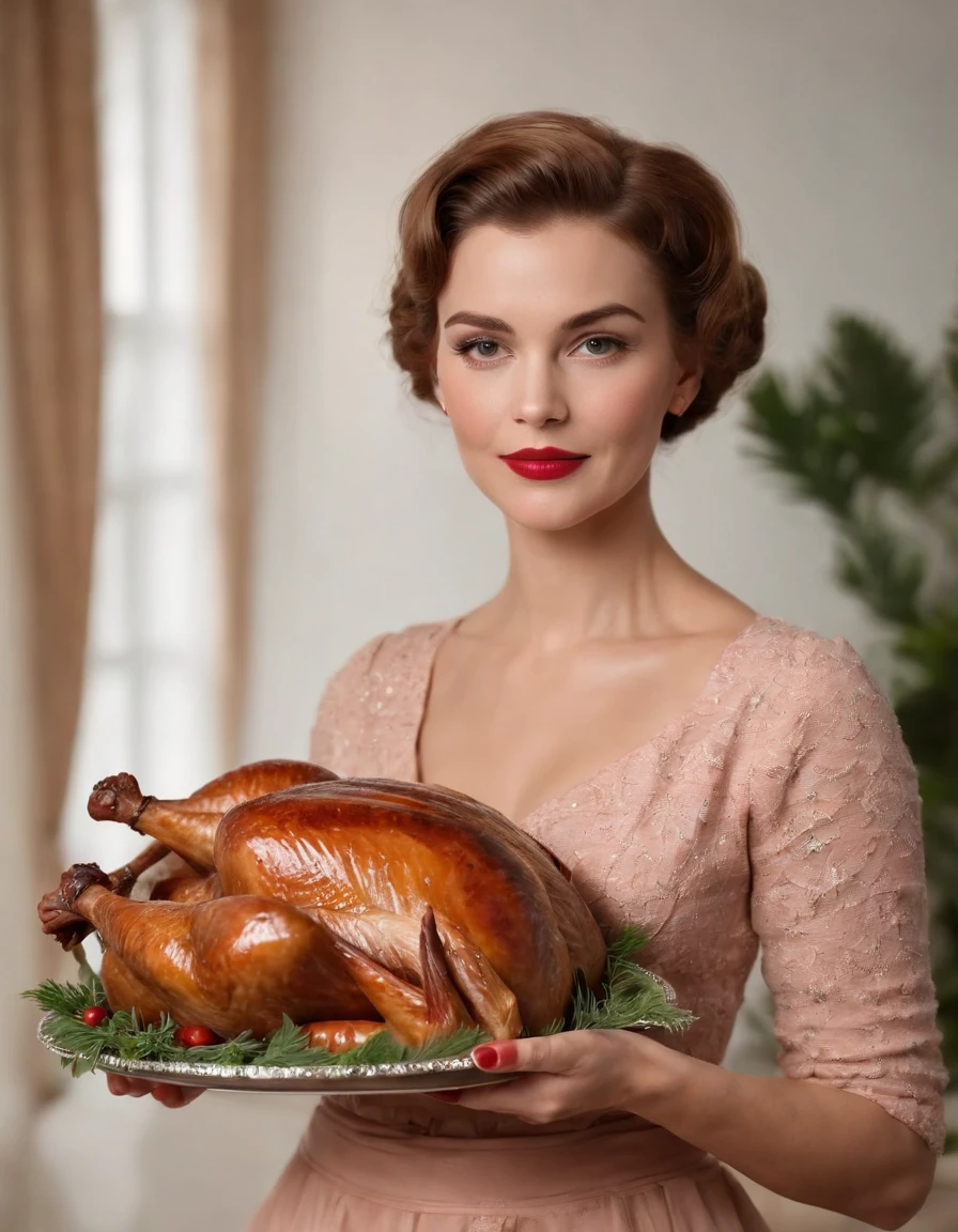 woman in retro 50s dress, holds tray with stuffed turkey, framing turkey close up, high quality photo,(medium close-up)