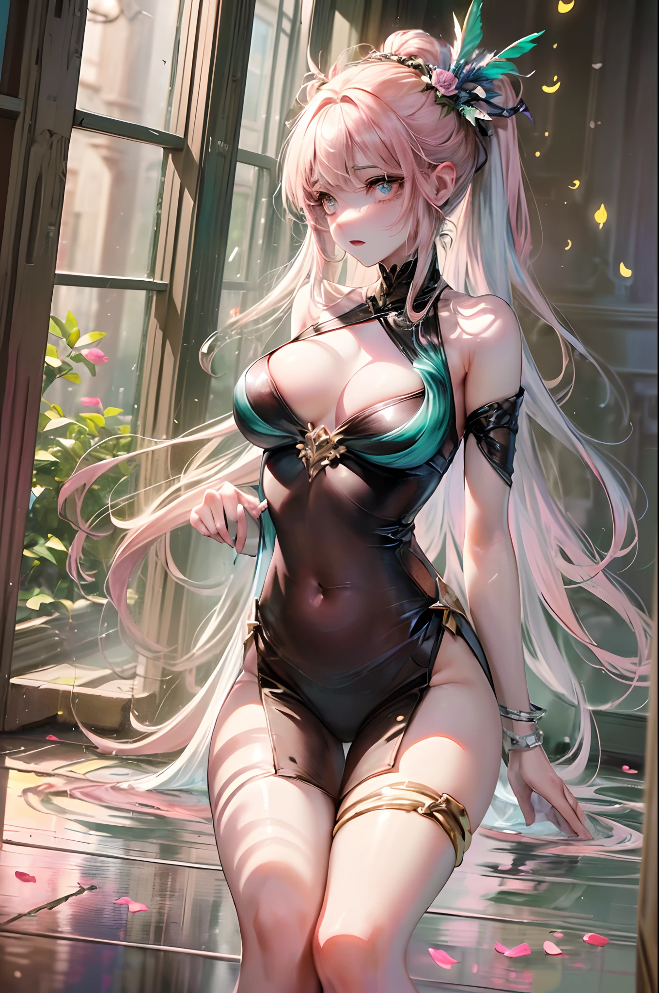 (Very detailed 8k high-quality CG wallpaper, the highest level of work, maximum use of equipment, the most delicate description and strong experience) + 

("Sweet and alluring" slime monsters, young demon body and proud figure "mysterious and classical beauty", [the color and material layers of the base are diverse]-> transformed into a woman, colorful feather decorations and feminine design of swords, fresh and comfortable forest environment, pleasant pink clouds in the evening sky, round and bright water droplets, fluttering petals and breezy leaves, light and shadow blended into the subject's feeling, "all elements are just right") = > 

"A picture of looking through the window of time at the good times"
