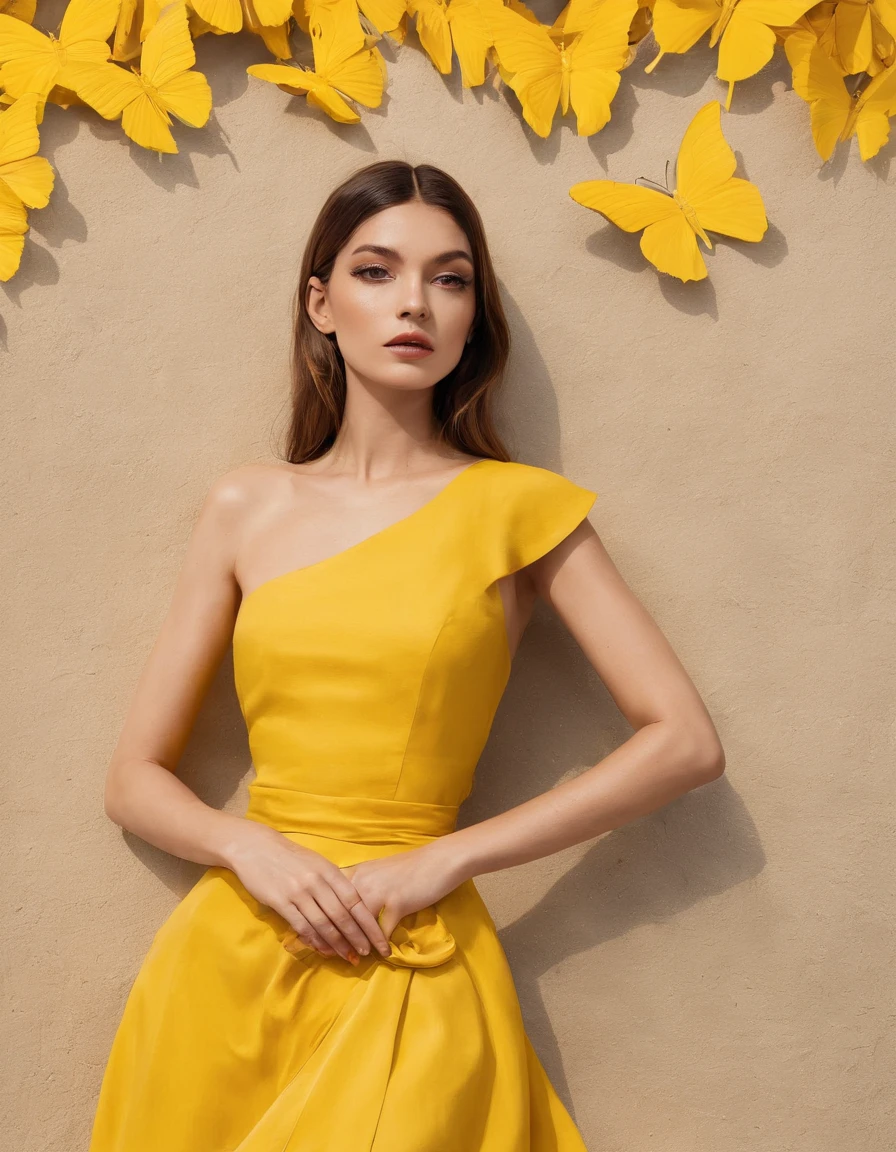 araffe woman in yellow dress standing in front of a wall with butterflies, a portrait inspired by national geographic, pexels contest winner, street art, yellow butterflies, butterflies, yellow clothes, butterfly, fine art fashion photography, harmony of butterfly, butterflies in the foreground, on a yellow canva,fashion photography, shades of yellow, karla ortiz,medium shot