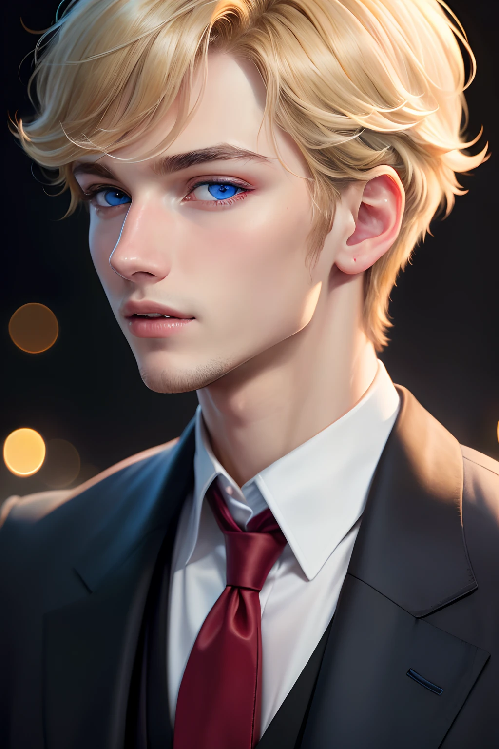 (masuter piece,Best Quality,Ultra-detailed), (A detailed face), 1boy, A young man who left his boyhood behind,(front-facing view),(Photorealsitic:1.2),(side lights,Beautiful Eyes of Details:1.2),Blonde colored hair,Face focus,Black suit,Black jacket,red necktie,Vampires,Confident,10 Billion Man,blue eyess