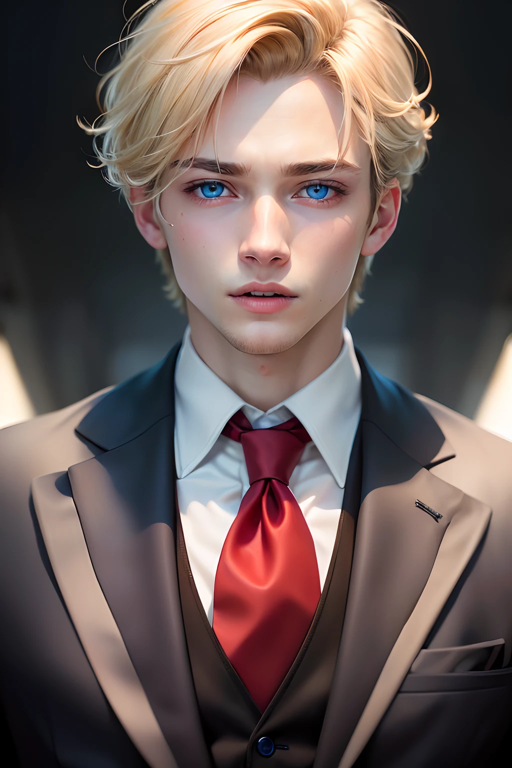 (masuter piece,Best Quality,Ultra-detailed), (A detailed face), 1boy, A young man who left his boyhood behind,(front-facing view),(Photorealsitic:1.2),(side lights,Beautiful Eyes of Details:1.2),Blonde colored hair,Face focus,Black suit,Black jacket,red necktie,Vampires,Confident,10 Billion Man,blue eyess