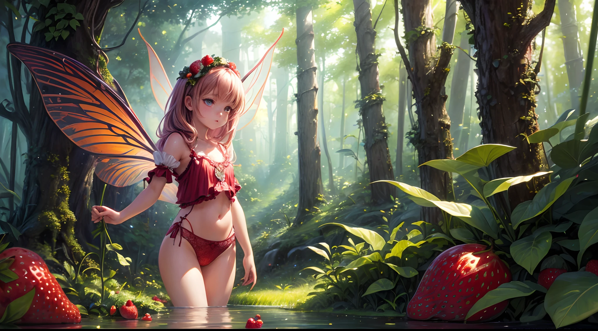 ( Absurd, High quality, ultra-detailed, masterpiece, concept art, smooth, highly detailed artwork, hyper-realistic painting ) , tiny little girl, strawberry girl, Strawberries, cute, whole body, Romantic, Vivid, dreamy, fantasy, fairy wings, in the forest, enchanting glow, very detailed art, reveal clothes, sexy lace underwear