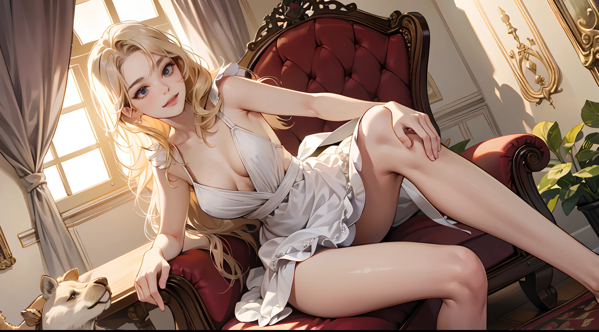 (hyperrealistic), (illustration), (high resolution), (8K), (extremely detailed), (best illustration), (beautiful detailed eyes), (best quality), (super detailed), (masterpiece), (wallpaper), (detailed face), solo, (dynamic pose), 1 girl, white wavy hair on the chair,  small moles under the eyes, ((short apron)), medium breasts, long legs, tightens abs, (camel toes), (no panties), (no bra) , seduce, smile, dominant girl