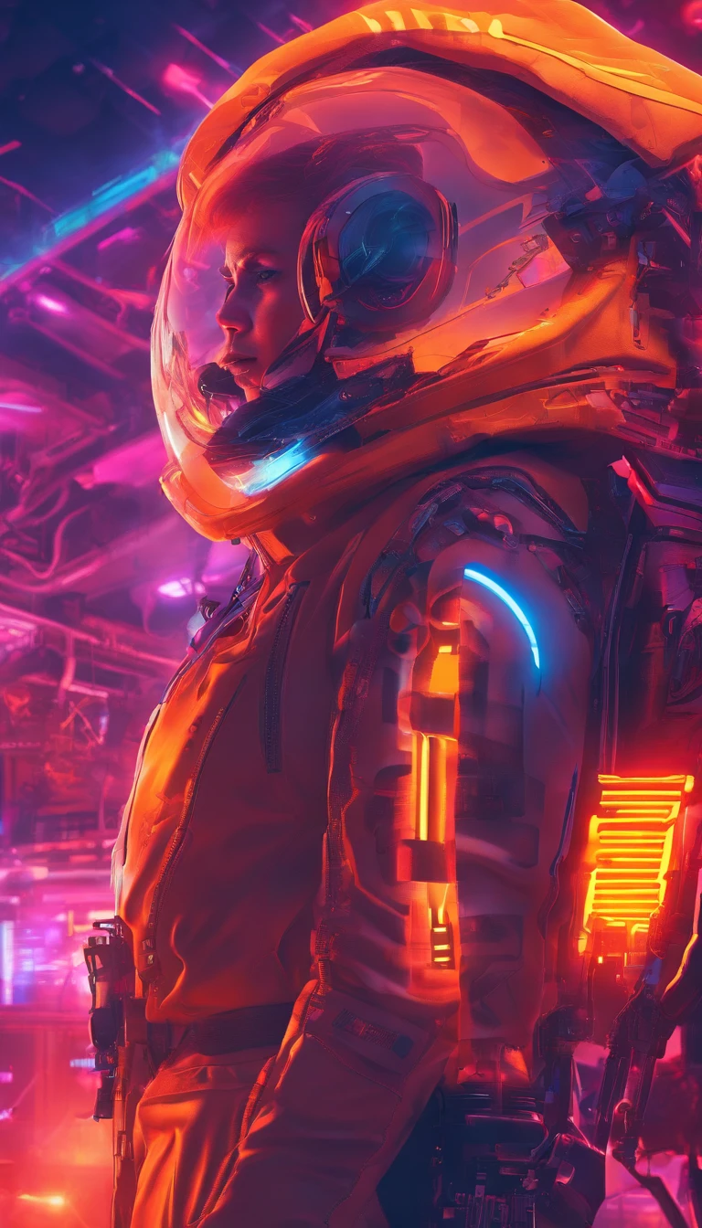 Scientist with cyberpunk style,Semi-mechanized scientist,Combat posture,majestic-looking,Feelings for moving forward,Stunning colors。Set in a futuristic cyberpunk style city,the street,crowd of,(Movie lighting),(light and shadow effect),(unreal-engine),(Tyndall),(cinema4d),(Super futuristic fantasy style),(8k wallpaper),(tmasterpiece),(Photography Award),realisticlying