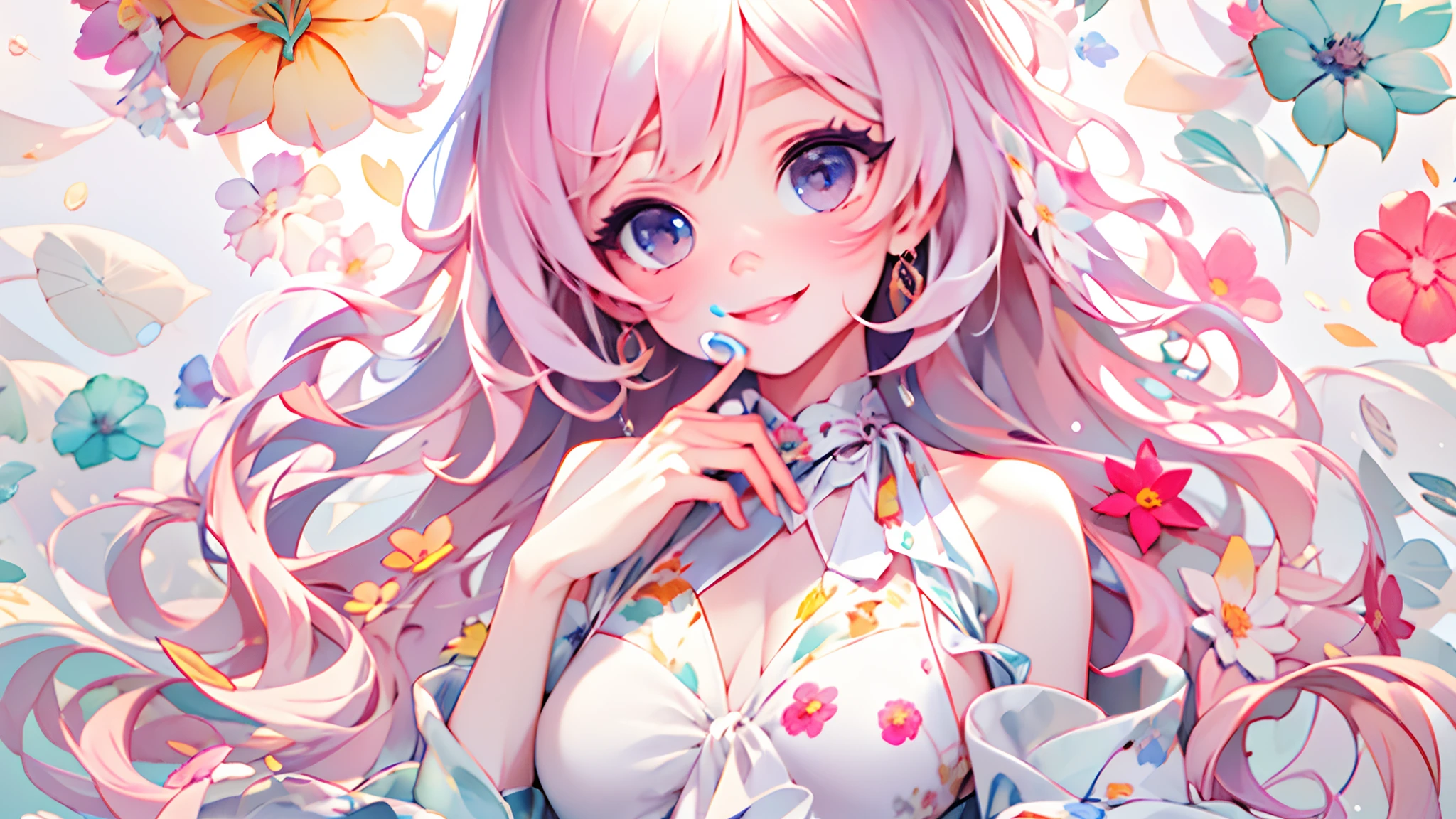photoRealstic、Doll standing in front of the painting(nendroid)、A smile、Water droplets on the cheeks、Put your hand to your mouth and smile、Sengai、pixiv、rokoko、dollfie dream、watercolor Nendoroid、(High Definition Figure)、Flowing iridescent silk、up of face、Eye Up、Bikini swimwear、There are also flowers in front of the nendroids、flower petals、water dripping、season!!: 夏天☀ 🍂