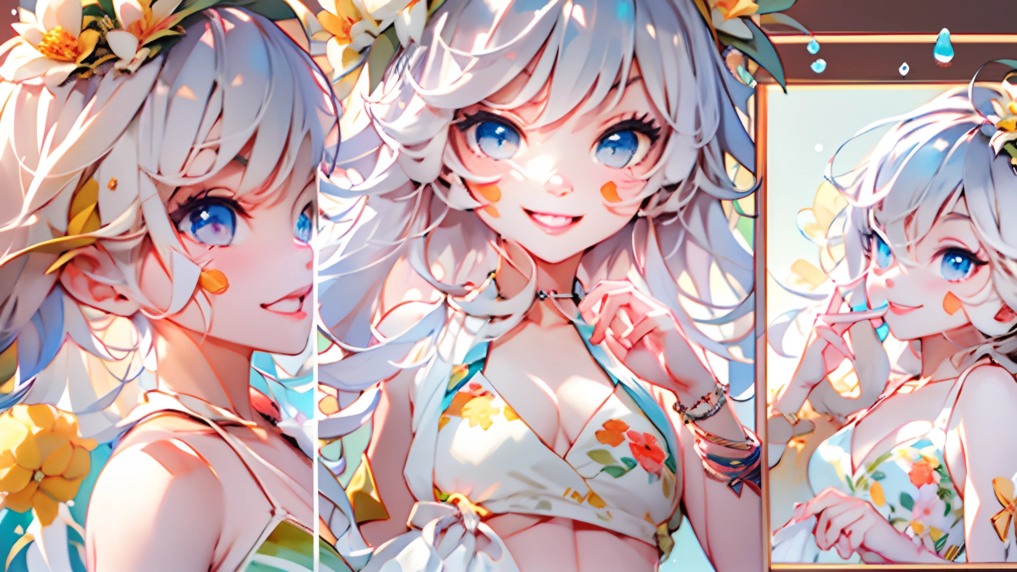 photoRealstic、Doll standing in front of the painting(nendroid)、A smile、Water droplets on the cheeks、Put your hand to your mouth and smile、Sengai、pixiv、rokoko、dollfie dream、watercolor Nendoroid、(High Definition Figure)、Flowing iridescent silk、up of face、Eye Up、Bikini swimwear、There are also flowers in front of the nendroids、flower petals、water dripping、season!!: 夏天☀ 🍂