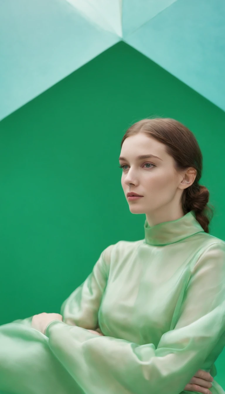 a young woman on a green background, in the style of carl kleiner, buckminster fuller, loretta lux, high quality photo, wavy resin sheets, gold and cyan, digital symmetry，medium shot
