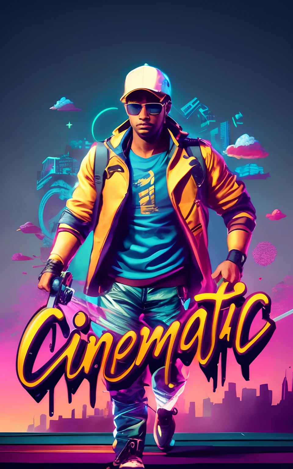 a man in a yellow jacket and sunglasses is walking on a city street, cinematic detailed, cinematic poster, **cinematic, cinematic highly detailed, cinematic , - h 7 6 8, cinematic, cinematic, cinematic 8 k, cinematic 8k, cinematic movie, cinematic!, 3d cinematic, cinematic | | very anime!!!, cinematic movie image, cinematic full character, cinematic!!
