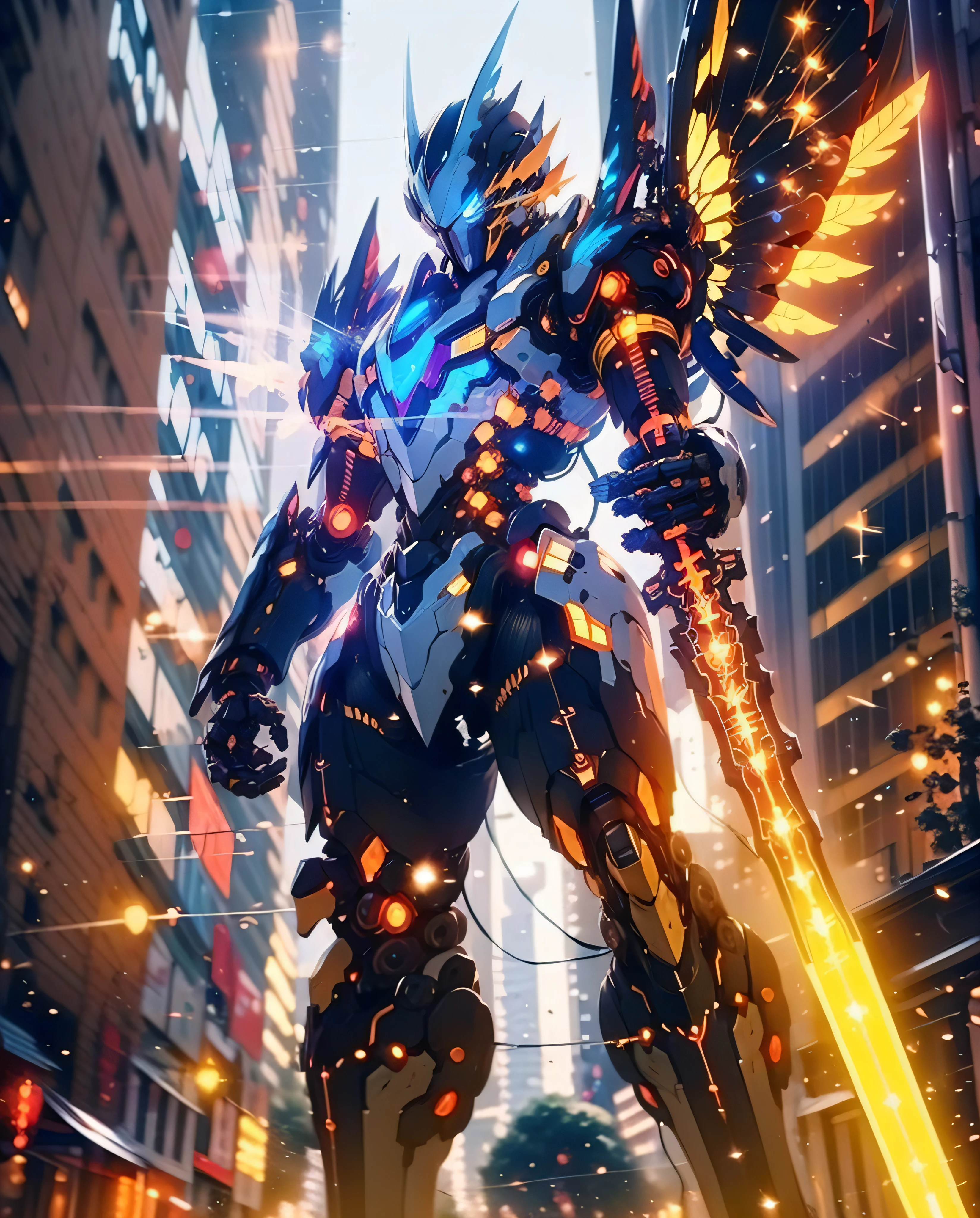 Giant mecha god robot,Double mechanical wings,Skysky,Technologie,A detailed,longspear, (((bokeh:1.3)))