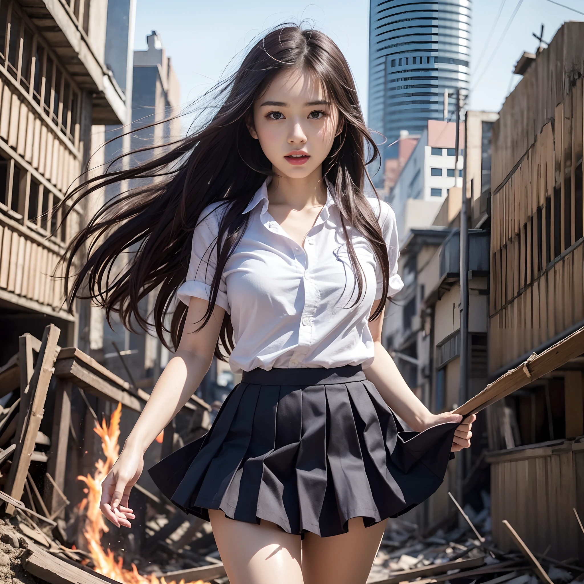 (in 8K、RAW Photos、top-quality、masterpiece:1.2)、(realisitic、Photorealsitic:1.37)、ultra-detailliert、超A high resolution、Heroine of a monster movie、Japan beautiful -yeld scesperately fleeing from giant monsters in devastated Tokyo、School Uniforms、dishevled hair、ripped shirt、Dirty shirt、Torn skirt、Running through the rubble、building crumbling、Burning flame、de pele branca、slick skin、stunningly beautiful face、dynamic ungle、动态照明