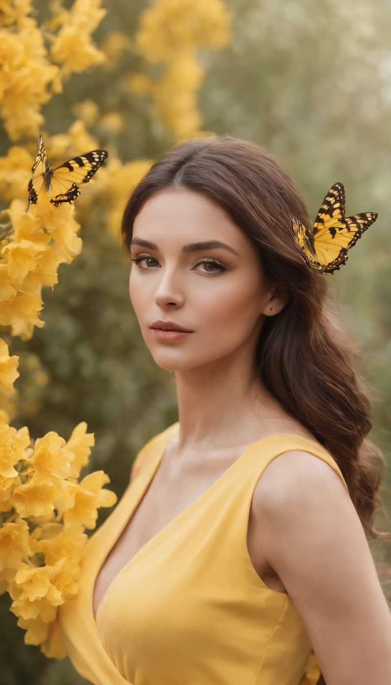 araffe woman in yellow dress,a portrait inspired by national geographic, pexels contest winner, street art, yellow butterflies, butterflies, yellow clothes, butterfly, fine art fashion photography, harmony of butterfly, butterflies in the foreground, on a yellow canva,fashion photography, shades of yellow, karla ortiz,medium shot