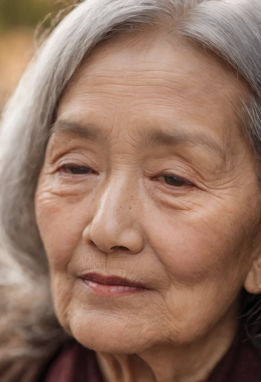 This is a touching close-up shot of an Asian elderly woman's weathered but radiant face, her eyes filled with wisdom and a hint of melancholy. In the frame of a soft sunset, shot with Canon EOS R6, using a portrait lens with warm prime time lighting