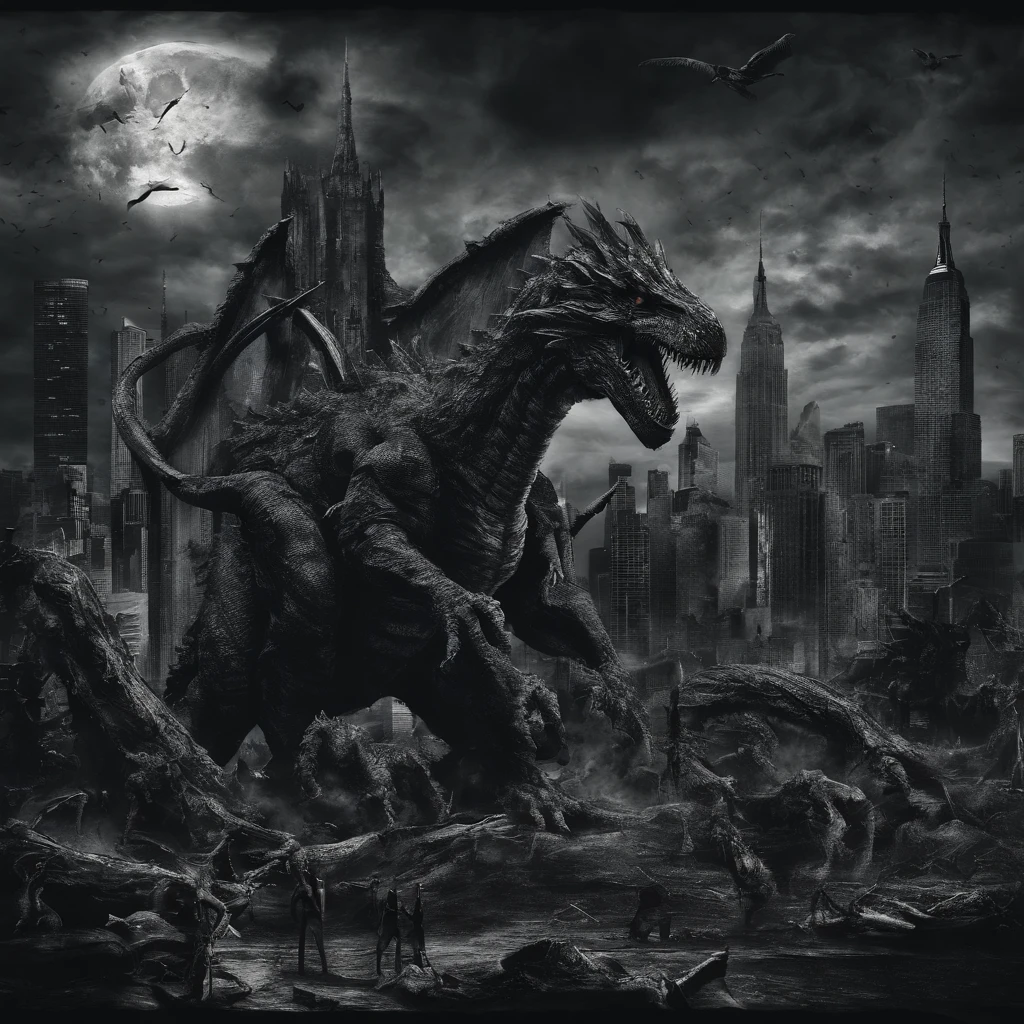 Space Monsters、The Monster、Giant dinosaur-shaped monster、Godzilla、King Ghidorah、King Kong、Monster War、New York Background、