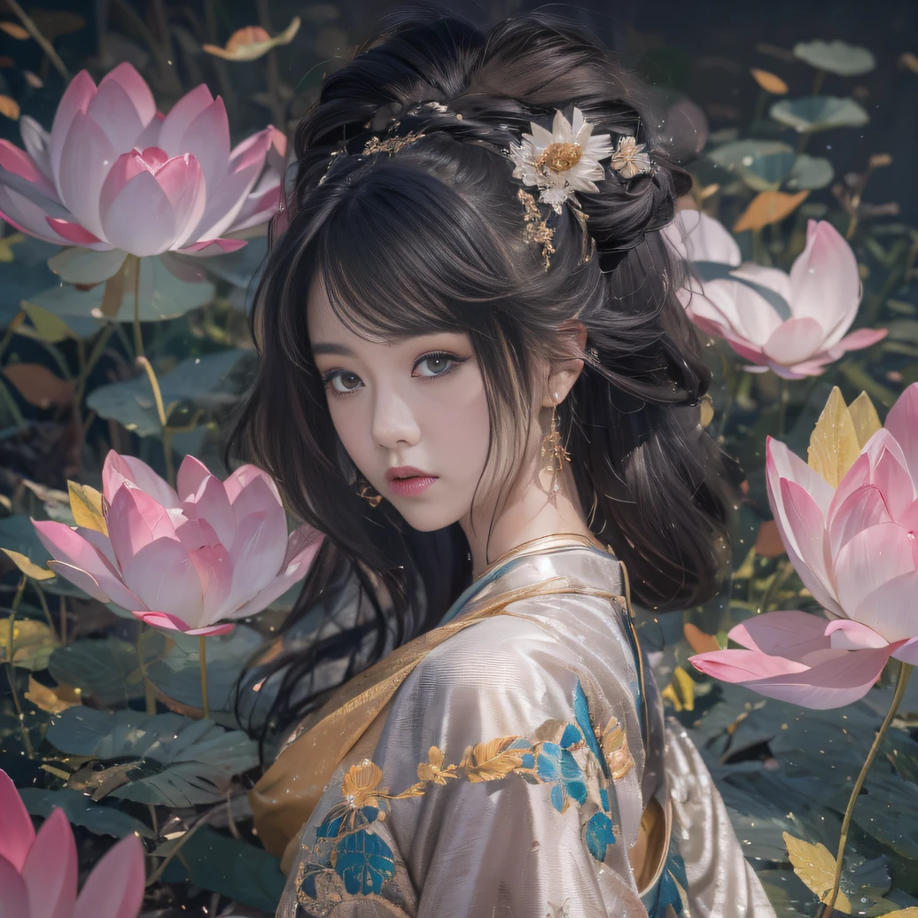 32K（tmasterpiece，k hd，hyper HD，32K）Long flowing black hair，ponds，zydink， a color， Aozhou people （Concubine girl）， （Silk scarf）， Combat posture， looking at the ground， long whitr hair， Floating hair， Carp pattern headdress， Chinese long-sleeved clothing， （abstract ink splash：1.2）， Pink petal background，Pink and white lotus flowers fly（realisticlying：1.4），Black color hair，Fallen leaves flutter，The background is pure， A high resolution， the detail， RAW photogr， Sharp Re， Nikon D850 Film Stock Photo by Jefferies Lee 4 Kodak Portra 400 Camera F1.6 shots, Rich colors, ultra-realistic vivid textures, Dramatic lighting, Unreal Engine Art Station Trend, cinestir 800，Long flowing black hair，Denim skirt
