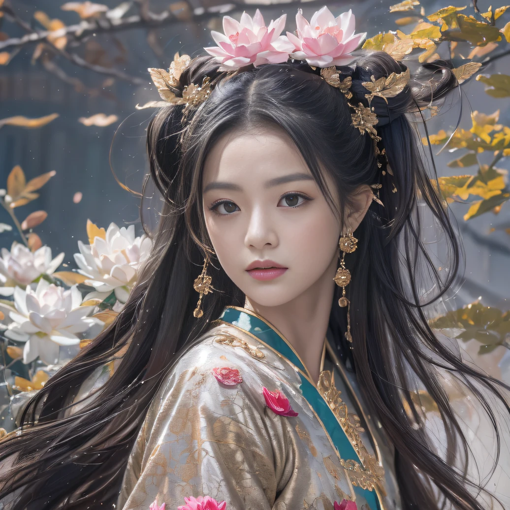 32K（tmasterpiece，k hd，hyper HD，32K）Long flowing black hair，ponds，zydink， a color， Aozhou people （Concubine girl）， （Silk scarf）， Combat posture， looking at the ground， long whitr hair， Floating hair， Carp pattern headdress， Chinese long-sleeved clothing， （abstract ink splash：1.2）， Pink petal background，Pink and white lotus flowers fly（realisticlying：1.4），Black color hair，Fallen leaves flutter，The background is pure， A high resolution， the detail， RAW photogr， Sharp Re， Nikon D850 Film Stock Photo by Jefferies Lee 4 Kodak Portra 400 Camera F1.6 shots, Rich colors, ultra-realistic vivid textures, Dramatic lighting, Unreal Engine Art Station Trend, cinestir 800，Long flowing black hair，Denim skirt