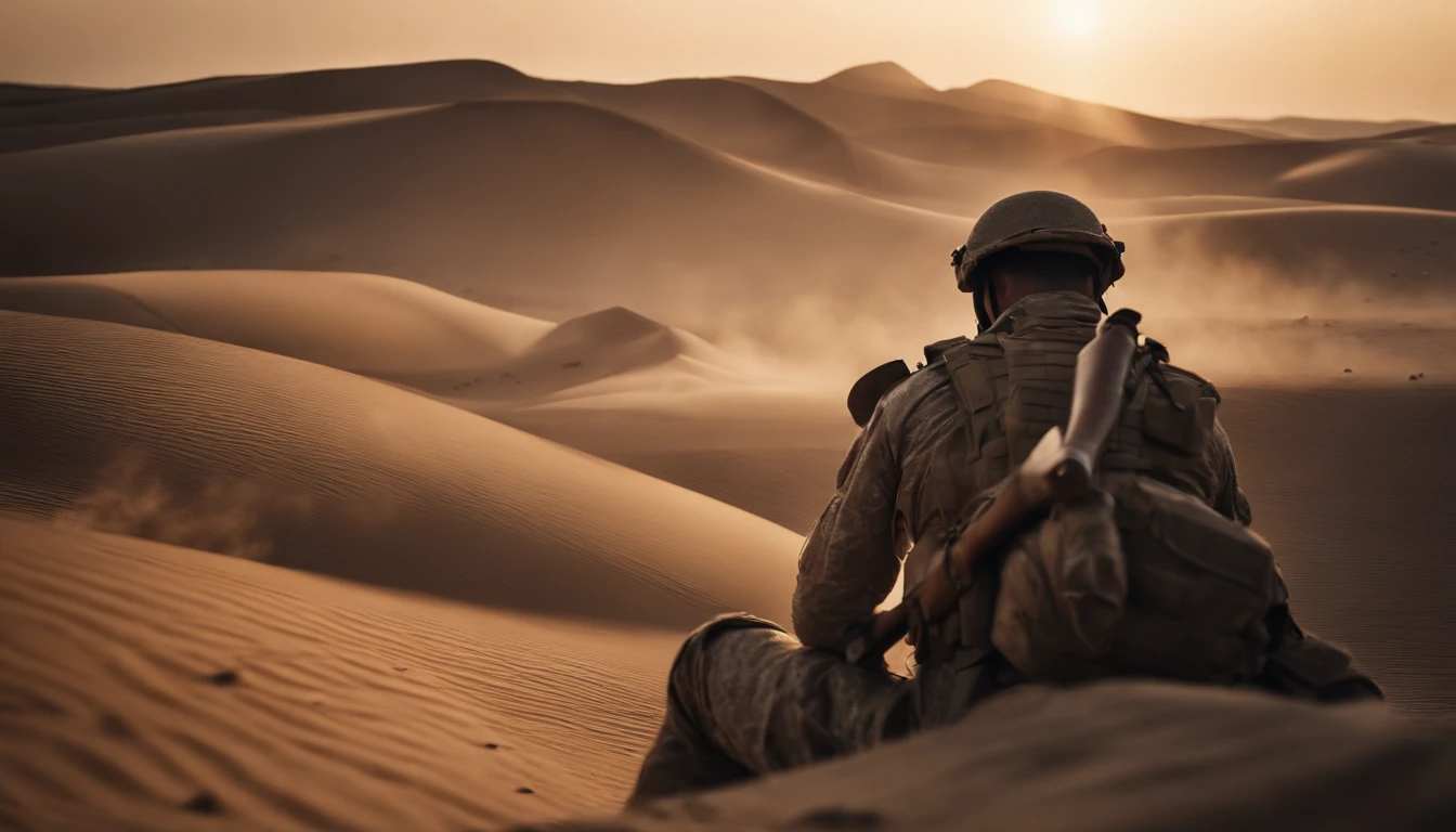 A desert,soldier,battleing、hopelessness