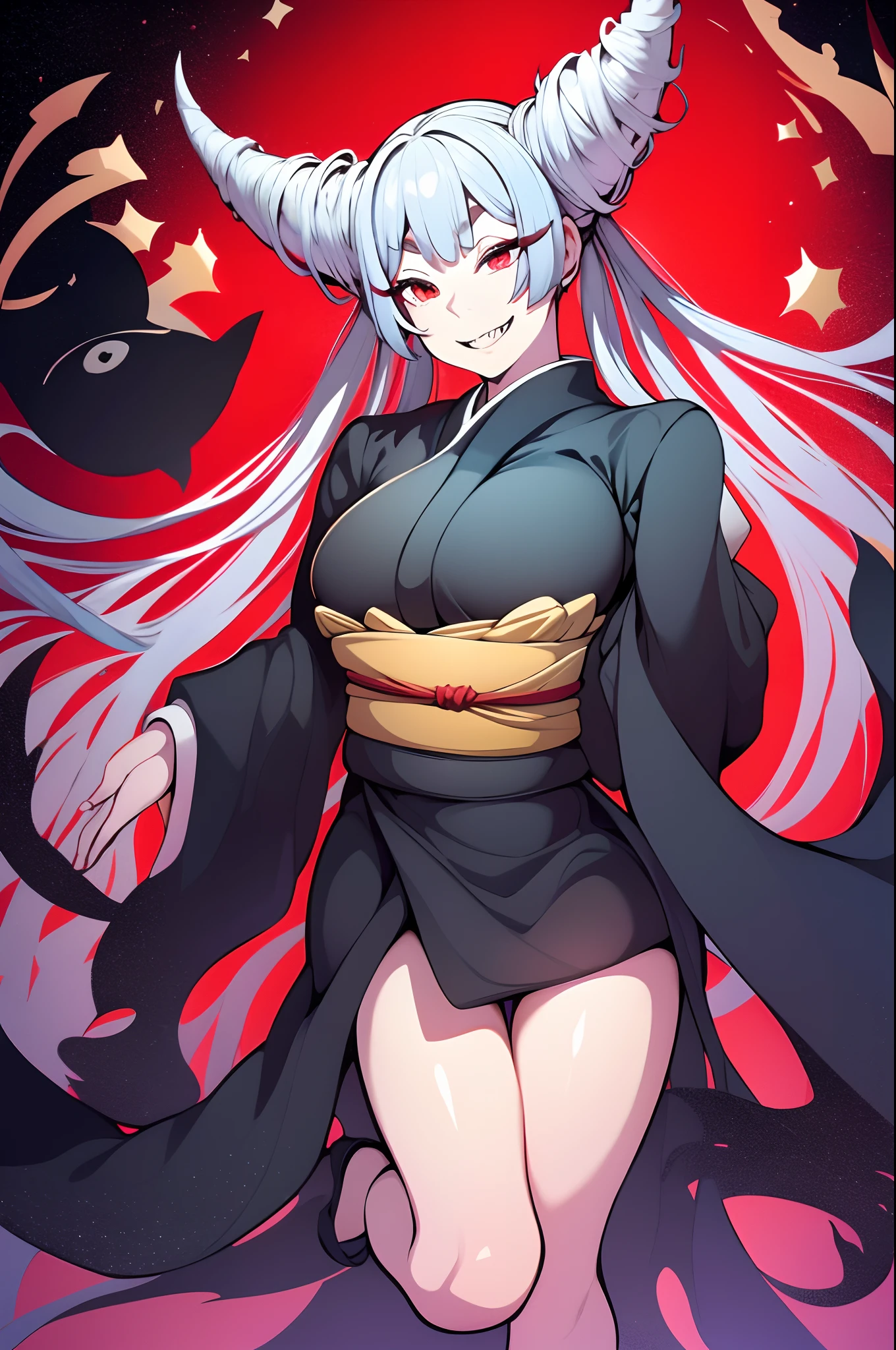 Urara ayashimon, silver hair, horns hair, red eyes, ****, black kimono, sharpteeth, smug, smile, full body, flipflops, big breast, curvy