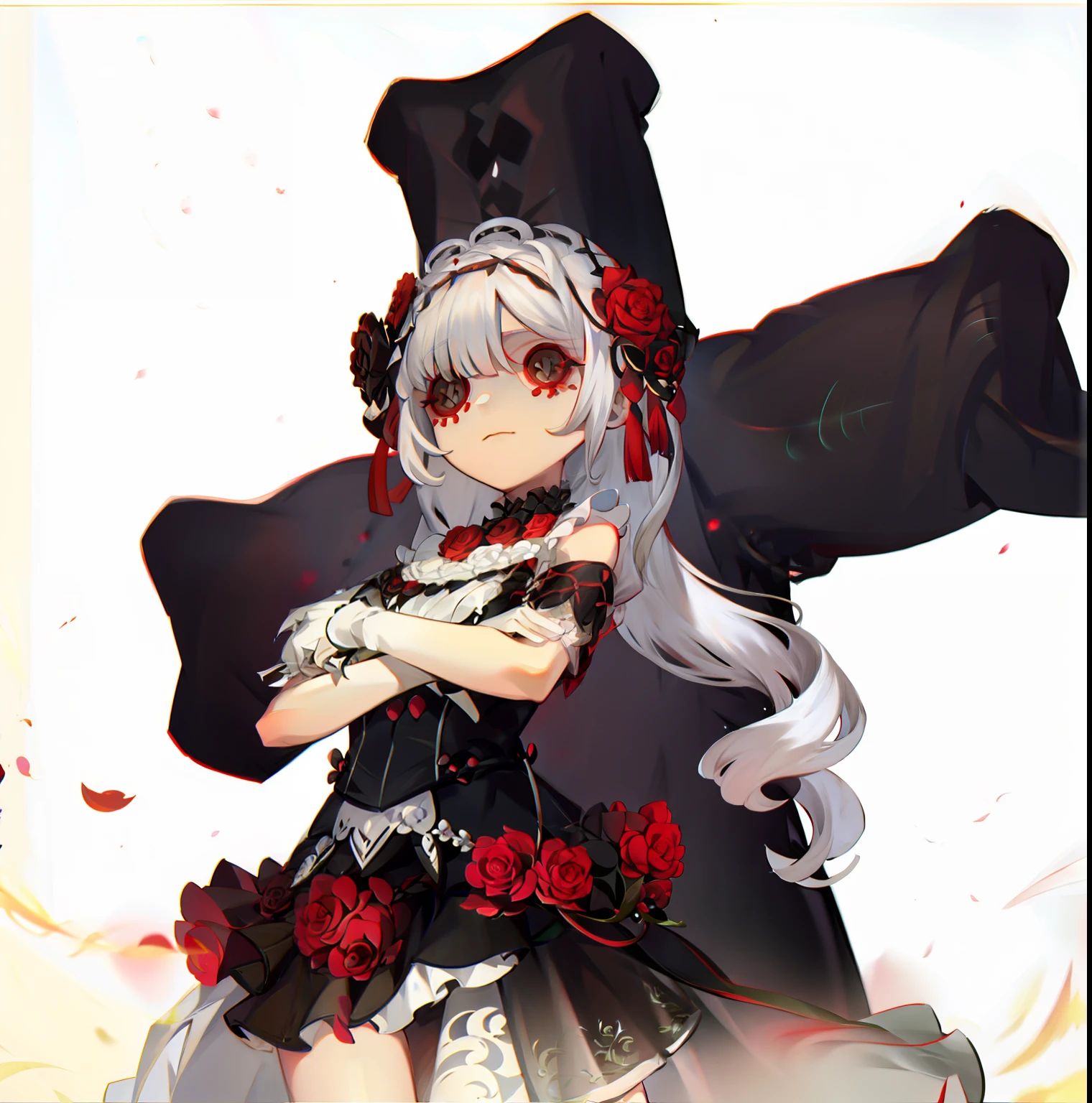 white color hair,Black top,Red skirt,Rose flower