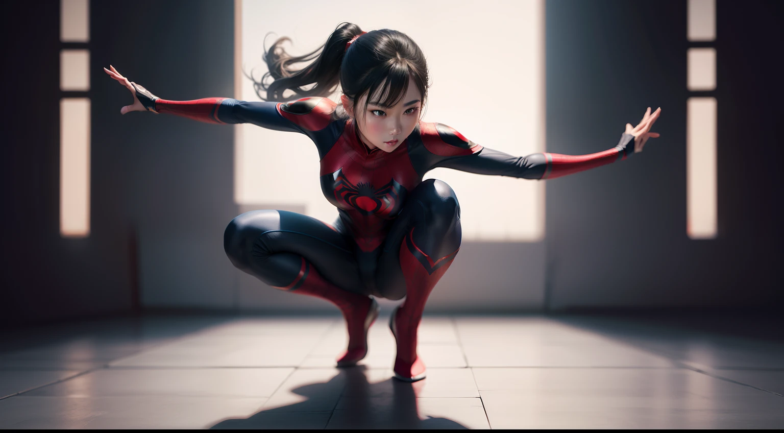 Chinese beauty girl as spiderman, showing of body, full body stand up, photos shoot detailing, realistic, focus light and shadow, high contrast