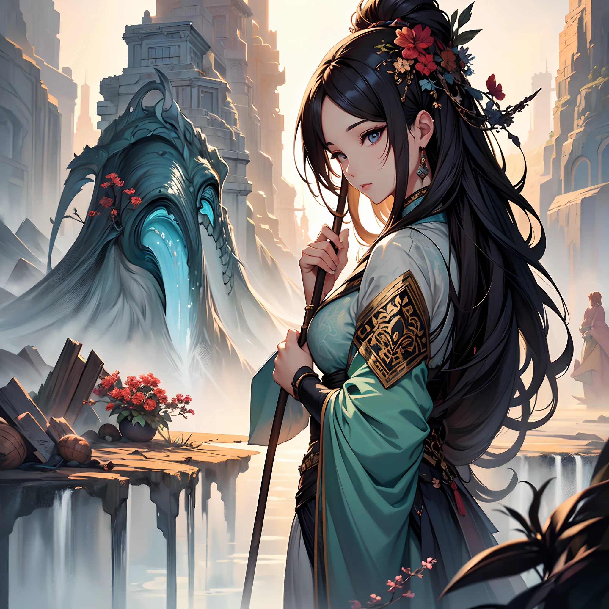 a painting of a woman holding a stick, a detailed painting by Lü Ji, pinterest, fantasy art, detailed painting, official art, masculine