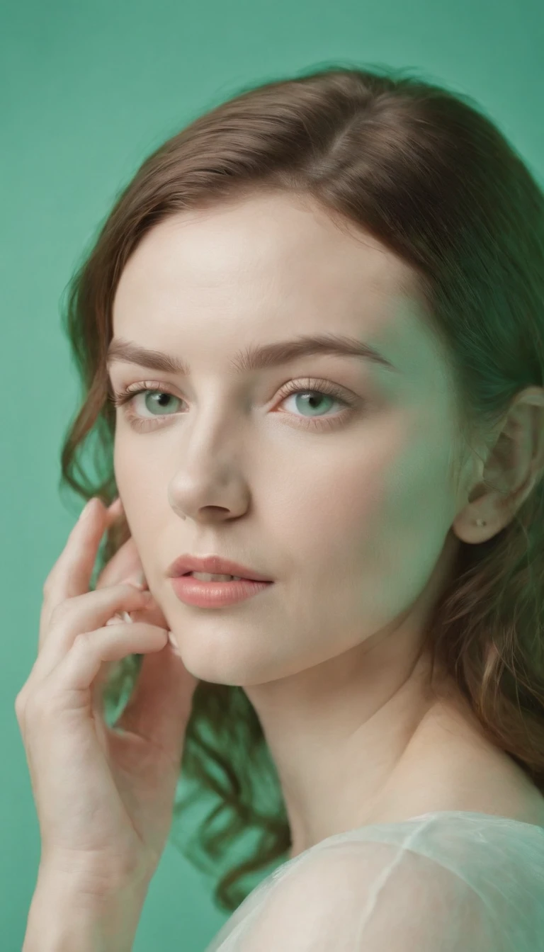 a young woman on a green background, in the style of carl kleiner, buckminster fuller, loretta lux, high quality photo, wavy resin sheets, gold and cyan, digital symmetry,medium shot