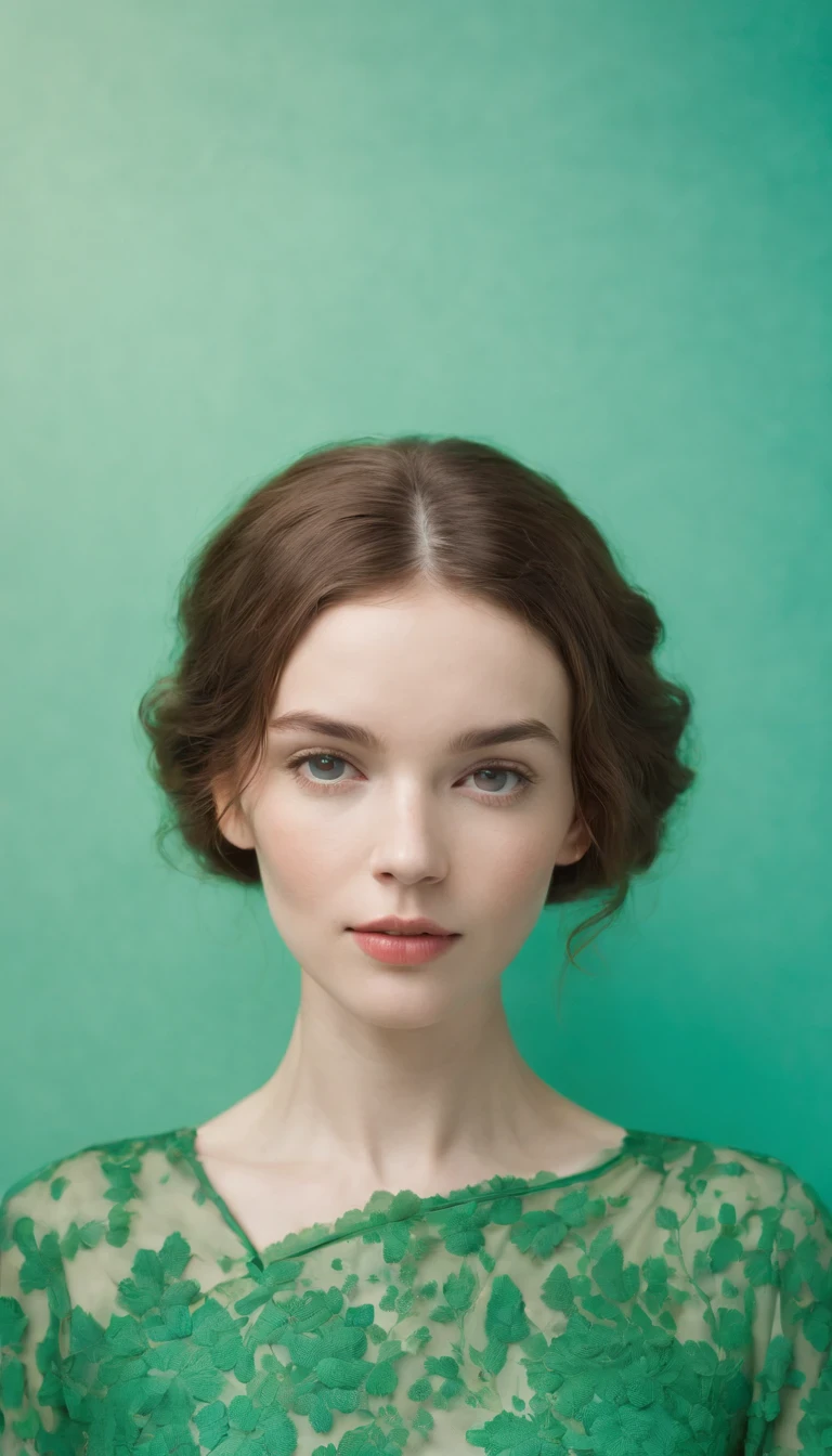 a young woman on a green background, in the style of carl kleiner, buckminster fuller, loretta lux, high quality photo, wavy resin sheets, gold and cyan, digital symmetry，medium shot