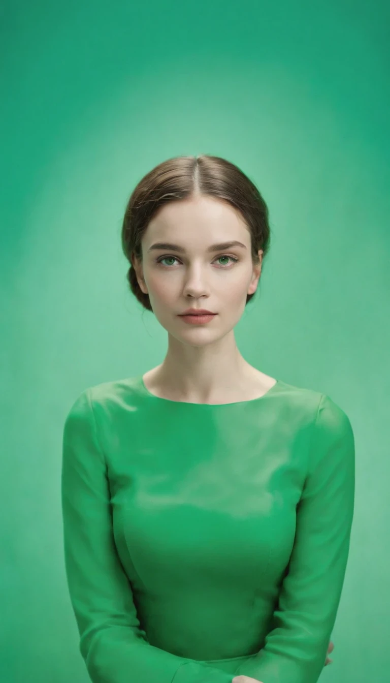 a young woman on a green background, in the style of carl kleiner, buckminster fuller, loretta lux, high quality photo, wavy resin sheets, gold and cyan, digital symmetry，medium shot