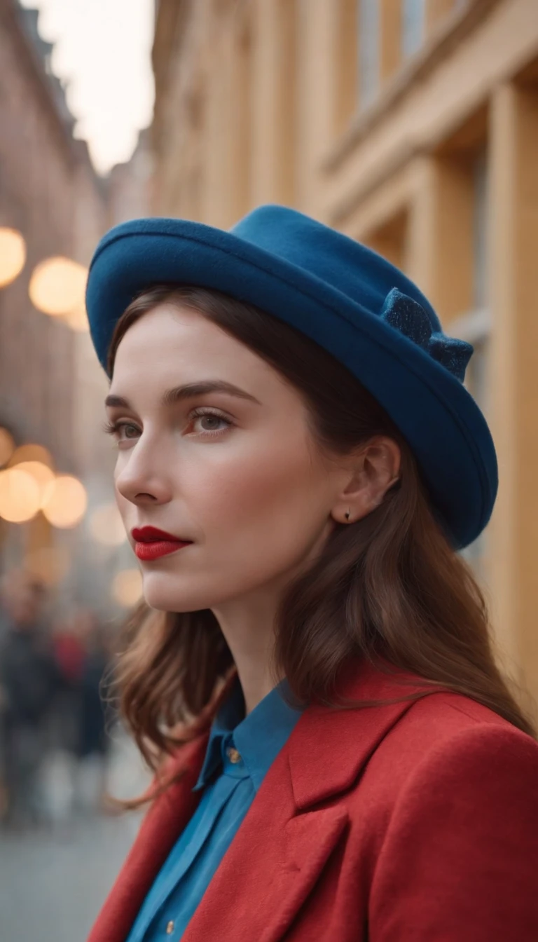 wes anderson style photo, 35mm film, girl dressed in red with blue shoes and hat, golden light, serene faces, distinctive noses, cityscape photographer,half body shot,
