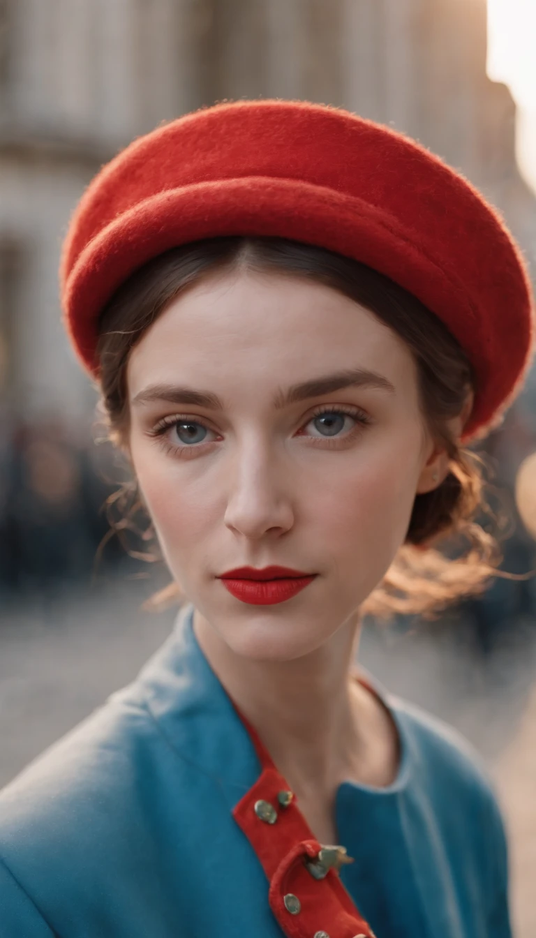 wes anderson style photo, 35mm film, girl dressed in red with blue shoes and hat, golden light, serene faces, distinctive noses, cityscape photographer,half body shot,