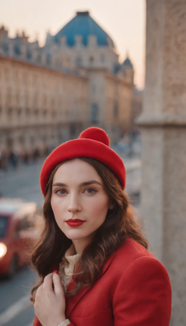 wes anderson style photo, 35mm film, girl dressed in red with blue shoes and hat, golden light, serene faces, distinctive noses, cityscape photographer,half body shot,