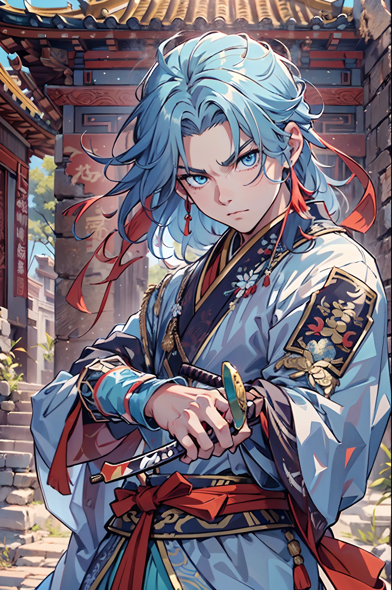 Ultra High Definition, Ultra High Quality, Extremely Detailed, Perfectly Detailed, Masterpiece, 8k, 1 Boy, Look A Like Xin From Kingdom Anime, Handsome, Equipped With Chinese Emperor Silk Clothes, Solid Light Blue Eyes, Long Red Hair, Holding A Perfectly Detailed Awesome Katana, Body Shot, Ancient Ruins Background