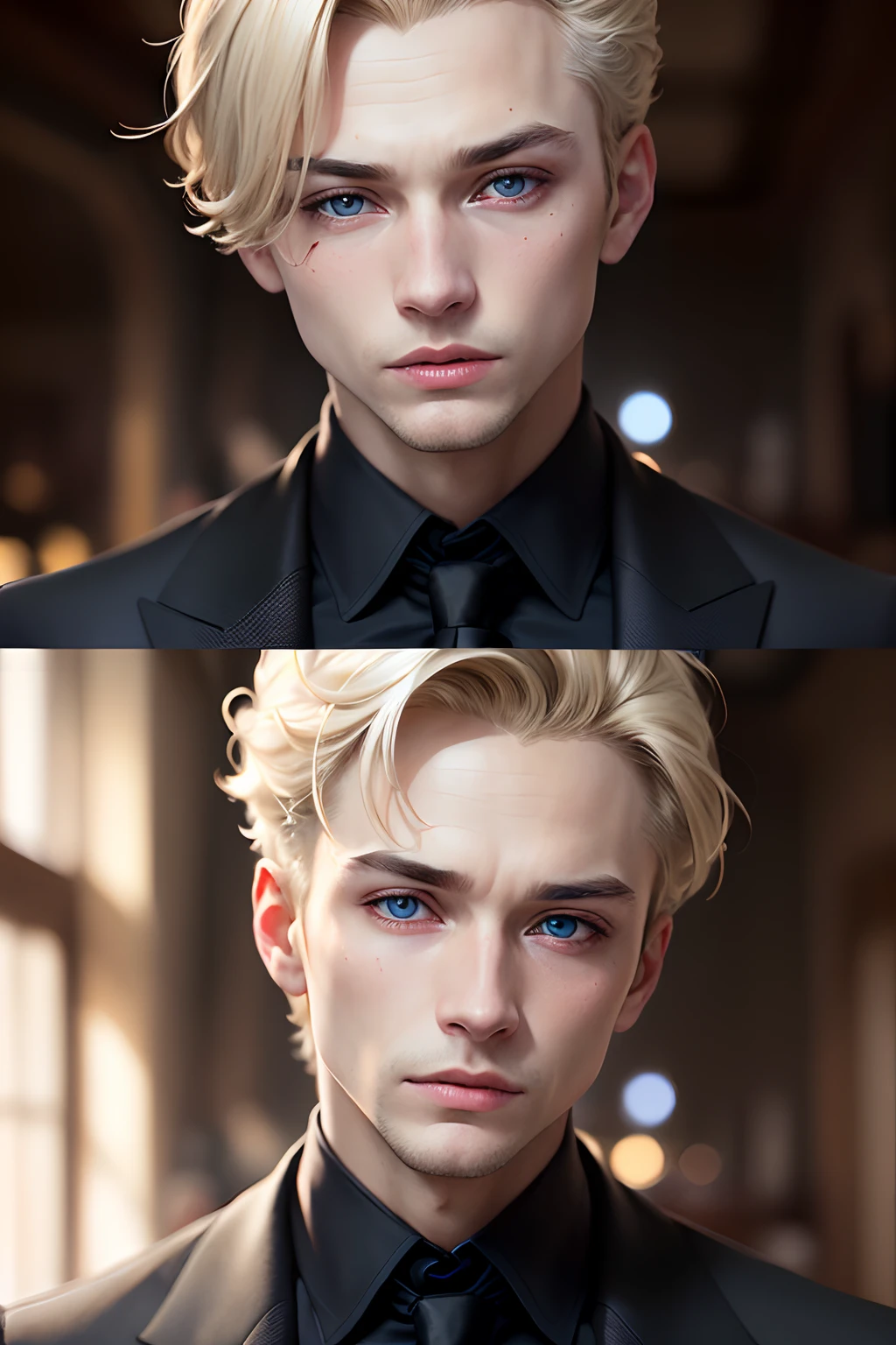 (masuter piece,Best Quality,Ultra-detailed), (A detailed face), 1boy, A young man who left his boyhood behind,(front-facing view),(Photorealsitic:1.2),(side lights,Beautiful Eyes of Details:1.2),Blonde colored hair,Face focus,Black suit,Black jacket,Black necktie,Vampires,Confident,10 Billion Man,blue eyess,Mafioso,Secret associations