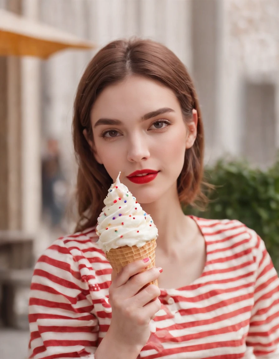 happy young woman, dressed in retro style red and white striped blouse, ice cream cone with sprinkles, high angle shot, sunny day, street background, medium shot, high quality photo,(upper body)