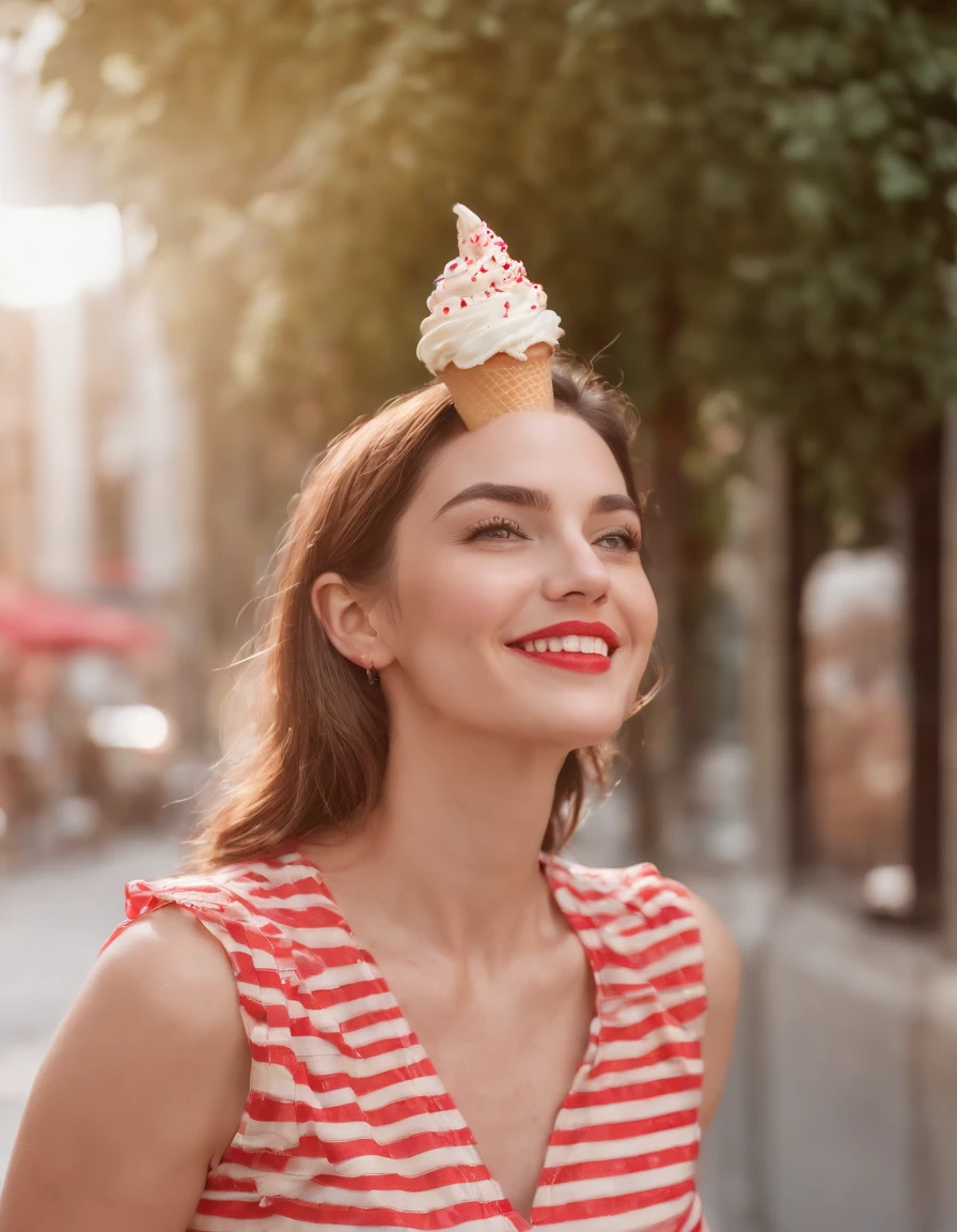 happy young woman, dressed in retro style red and white striped blouse, ice cream cone with sprinkles, high angle shot, sunny day, street background, medium shot, high quality photo,(upper body)