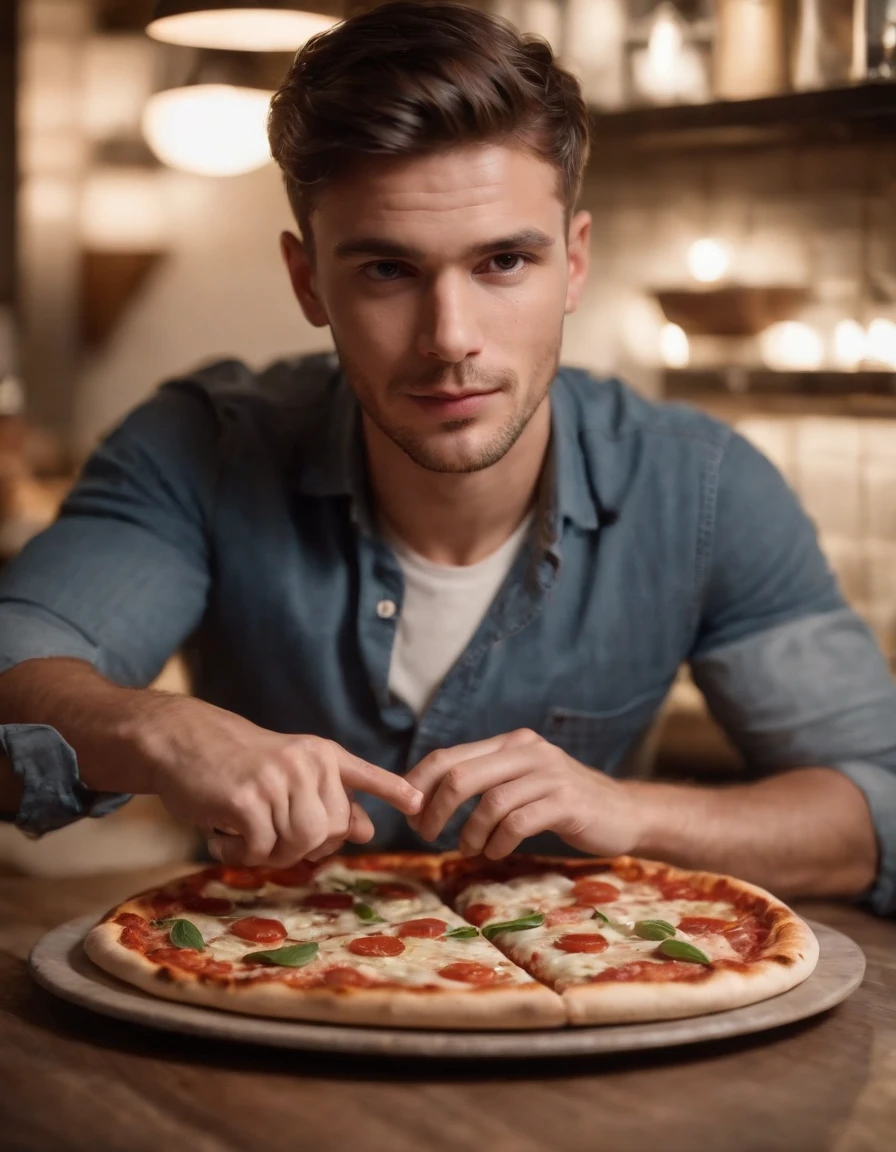 young man prepares pizza in restaurant, overhead lighting, half length shot, high quality photo