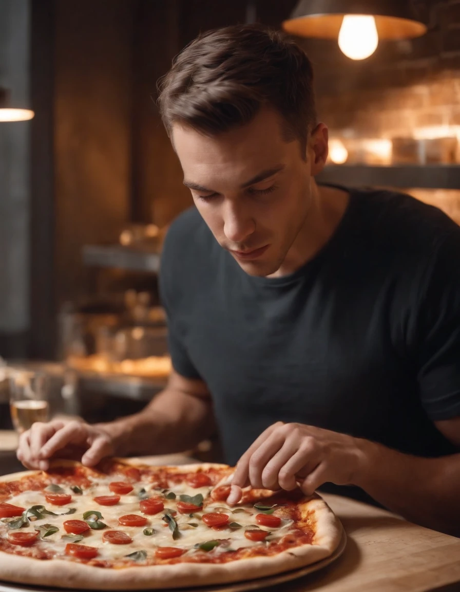 young man prepares pizza in restaurant, overhead lighting, half length shot, high quality photo