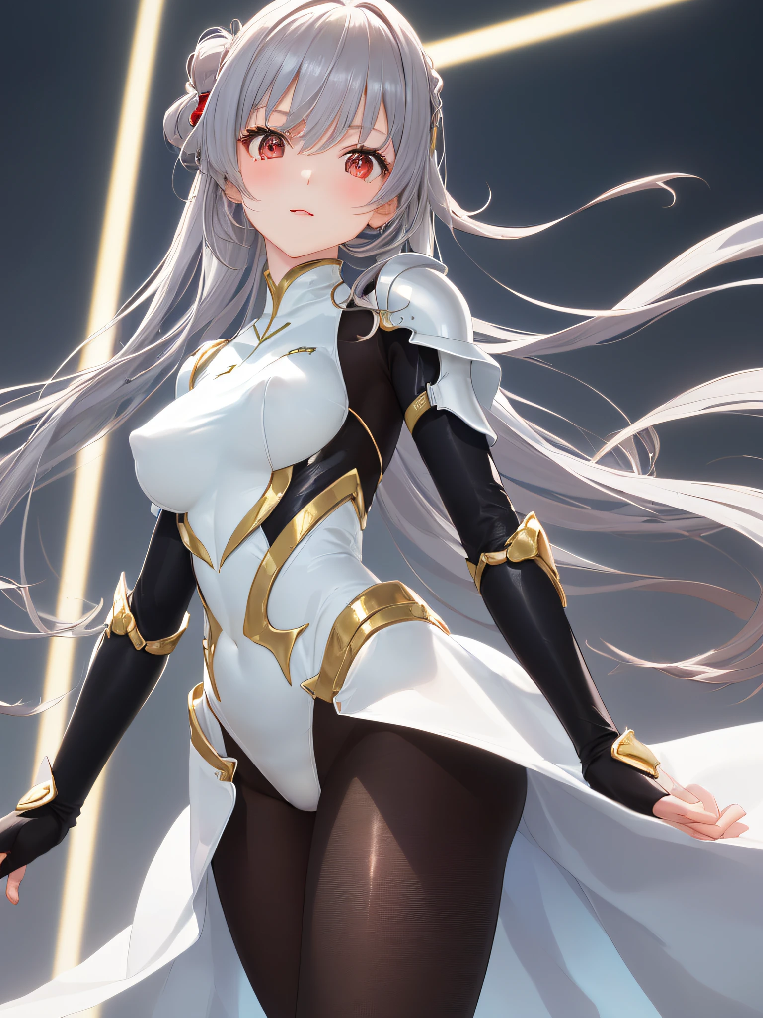 (R Solo:1.3)、((​masterpiece))、((best qualtiy))、((ultra-detailliert))、((a high chroma))、((Five-fingered correct hand))、(CG Illustration)、(The upper part of the body:1.2)、(High school girl with slender beautiful body like gravure idol:1.2)、highcontrast、(Beautiful woman wearing white long-sleeved leotard and futuristic gold light armor:1.4)、(Wearing black pantyhose:1.2)、(Cute nipple shape on middle breast:1.4 )、red blush、((Silver hairstyle))、(Anime-style red eye)、(Delicate beautiful face)、The best lighting、(turned around)、Jump into the air