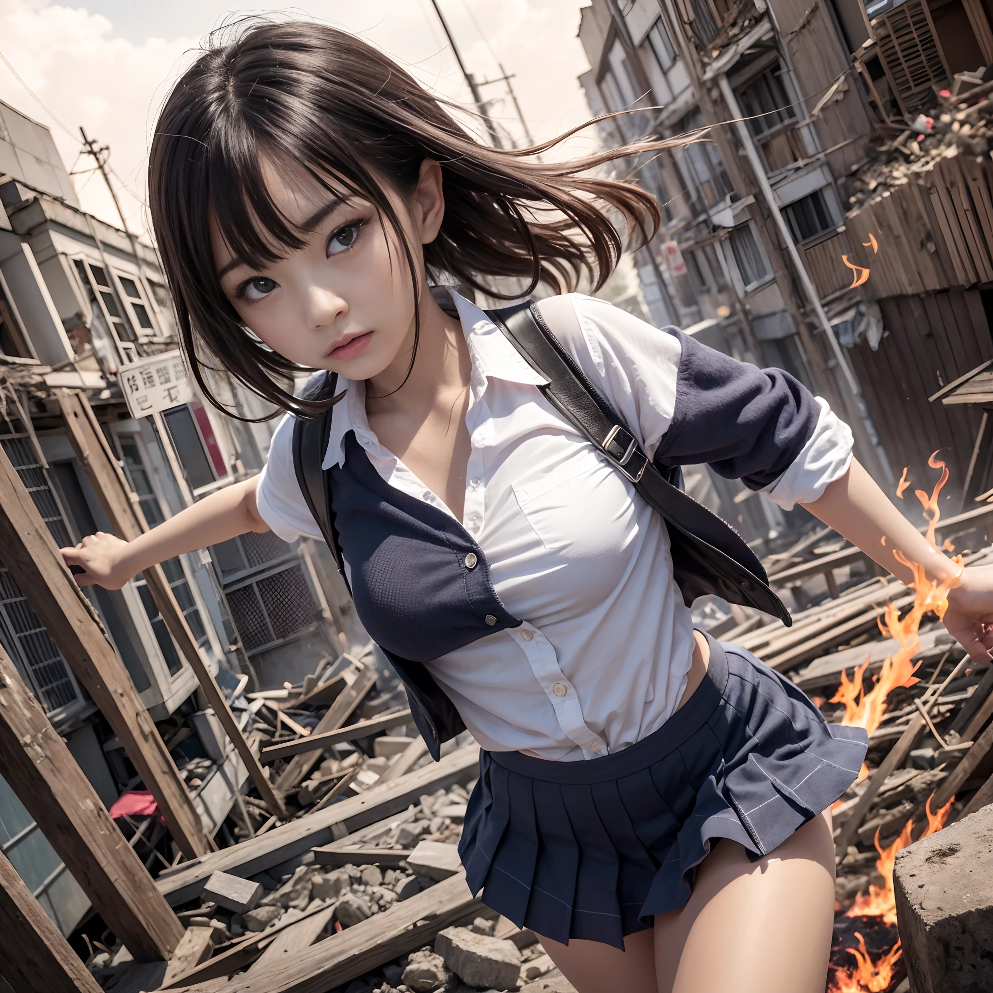 (in 8K、RAW Photos、top-quality、​masterpiece:1.2)、(realisitic、Photorealsitic:1.37)、ultra-detailliert、超A high resolution、Heroine of a monster movie、Japan beautiful -yeld scesperately fleeing from giant monsters in devastated Tokyo、School Uniforms、dishevled hair、ripped shirt、Dirty shirt、Torn skirt、Running through the rubble、building crumbling、Burning flame、de pele branca、slick skin、stunningly beautiful face、dynamic ungle、动态照明