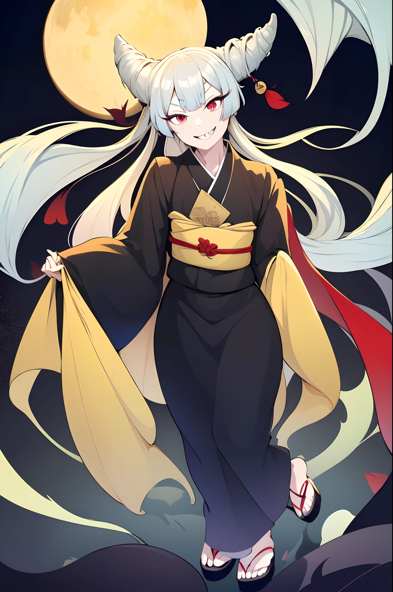 Urara ayashimon, silver hair, horns hair, red eyes, loli, black kimono, sharpteeth, smug, smile, full body, flipflops