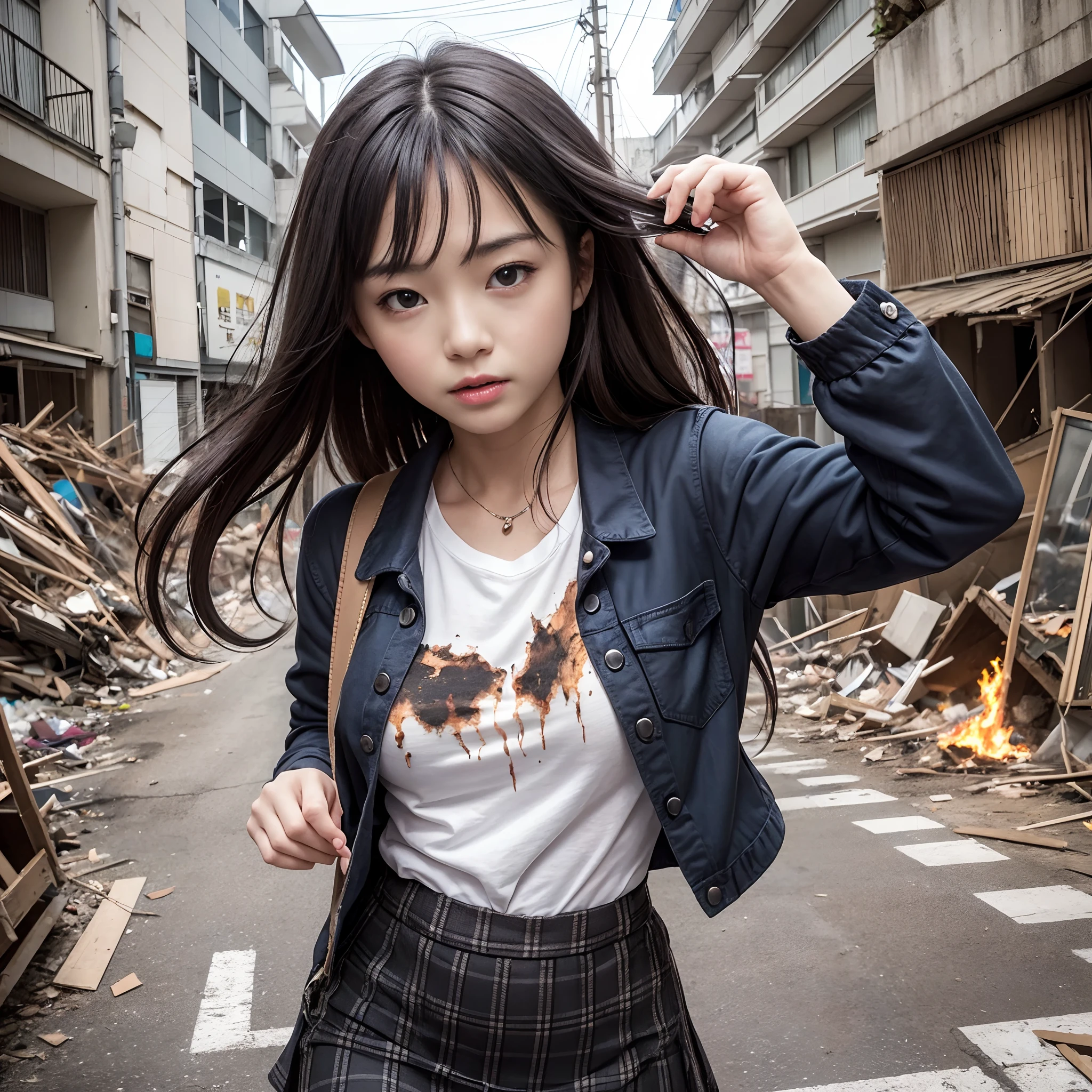 (in 8K、RAW Photos、top-quality、​masterpiece:1.2)、(realisitic、Photorealsitic:1.37)、ultra-detailliert、超A high resolution、Heroine of a monster movie、Japan beautiful 15-year-old schoolgirl desperately fleeing from giant monsters in devastated Tokyo、School Uniforms、dishevled hair、ripped shirt、Dirty shirt、Torn skirt、Running through the rubble、building crumbling、Burning flame、de pele branca、slick skin、stunningly beautiful face、dynamic ungle、动态照明