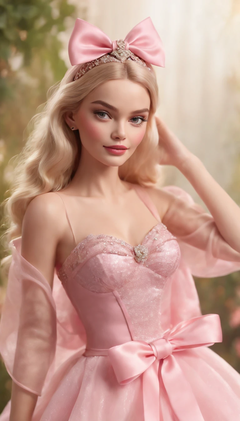 Cinematic scene,, Margot Robbie as Barbie,(photorealistic:1.4),shallow focus,establishing wide shot,1 girl, solo, cute face, (blush,shy:1.3),long eyelashes, (light yellow long soft waves hair:1.2), (huge-pink-bow headdress:1.3), cartoon_portrait, BEAK (The Mesh Overlay Dress: Wearing a dress with a delicate mesh overlay, adding an element of allure to her ensemble:1.2), playful dynamic pose, BEAK, (style of Barbie pink), (photorealistic:1.6),(best quality, masterpiece, intricate detail), highly detailed, depth of field, nature lights, upper body