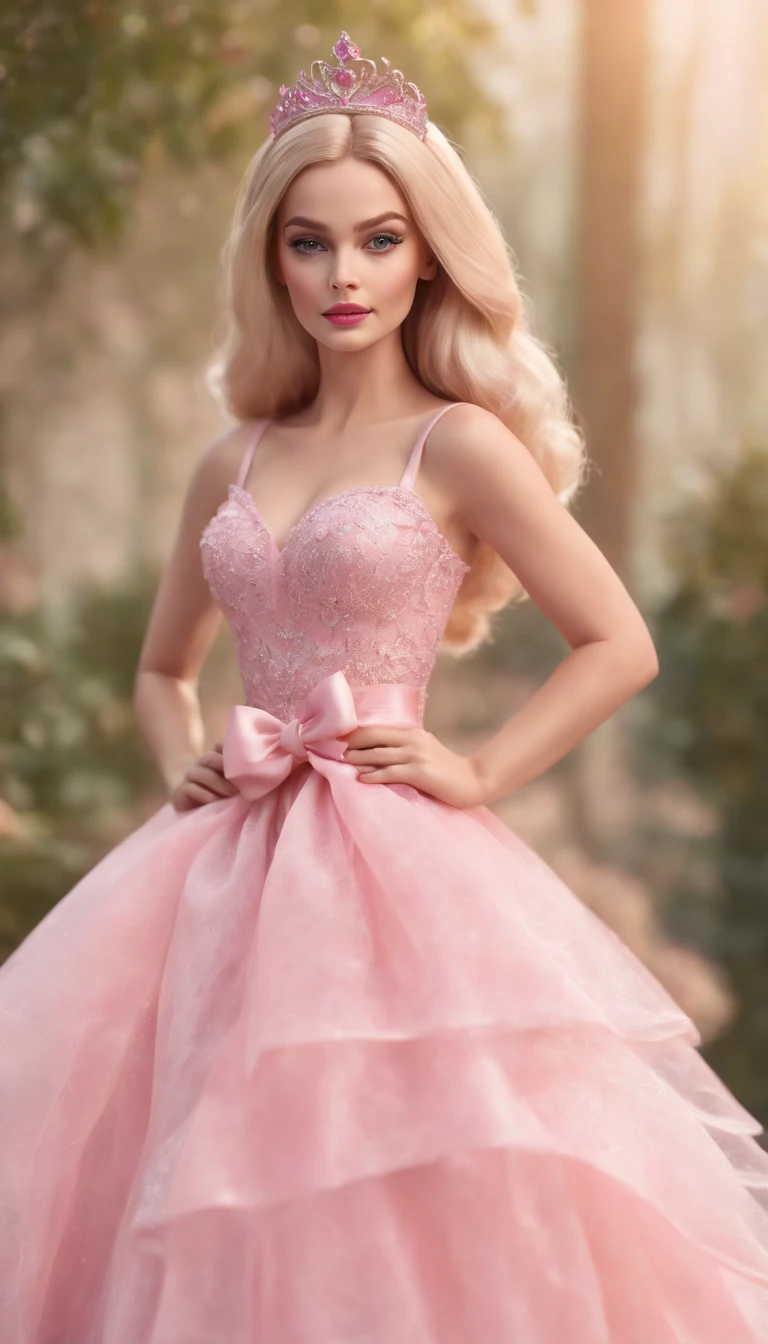 Cinematic scene,, Margot Robbie as Barbie,(photorealistic:1.4),shallow focus,establishing wide shot,1 girl, solo, cute face, (blush,shy:1.3),long eyelashes, (light yellow long soft waves hair:1.2), (huge-pink-bow headdress:1.3), cartoon_portrait, BEAK (The Mesh Overlay Dress: Wearing a dress with a delicate mesh overlay, adding an element of allure to her ensemble:1.2), playful dynamic pose, BEAK, (style of Barbie pink), (photorealistic:1.6),(best quality, masterpiece, intricate detail), highly detailed, depth of field, nature lights, upper body