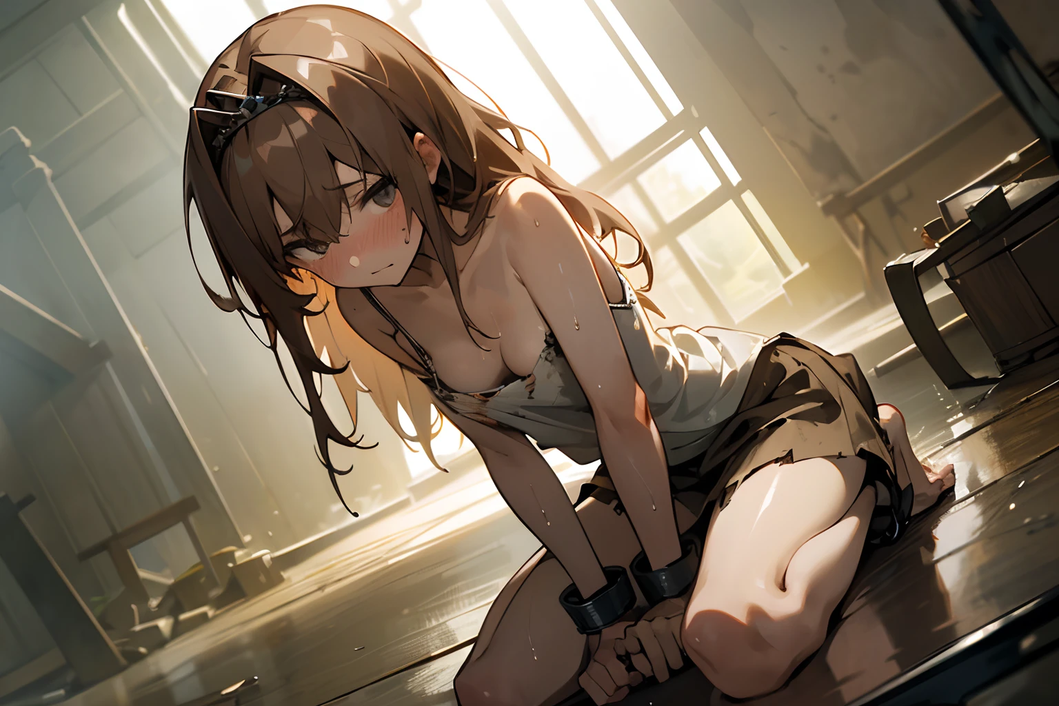 (masterpiece, highest quality), NSFW, 
1 girl, alone, Shouko Nishimiya, tape gag, BDSM, rope, Raise the hand, bound wrists, Bound ankles, 
light brown hair, long hair, shiny hair, brown eyes, (big breasts:0.9), white bra, white panties, barefoot, embarrassing, blush, sad, tears,
basement breaking background, dark, 薄darkです, on the bed, 